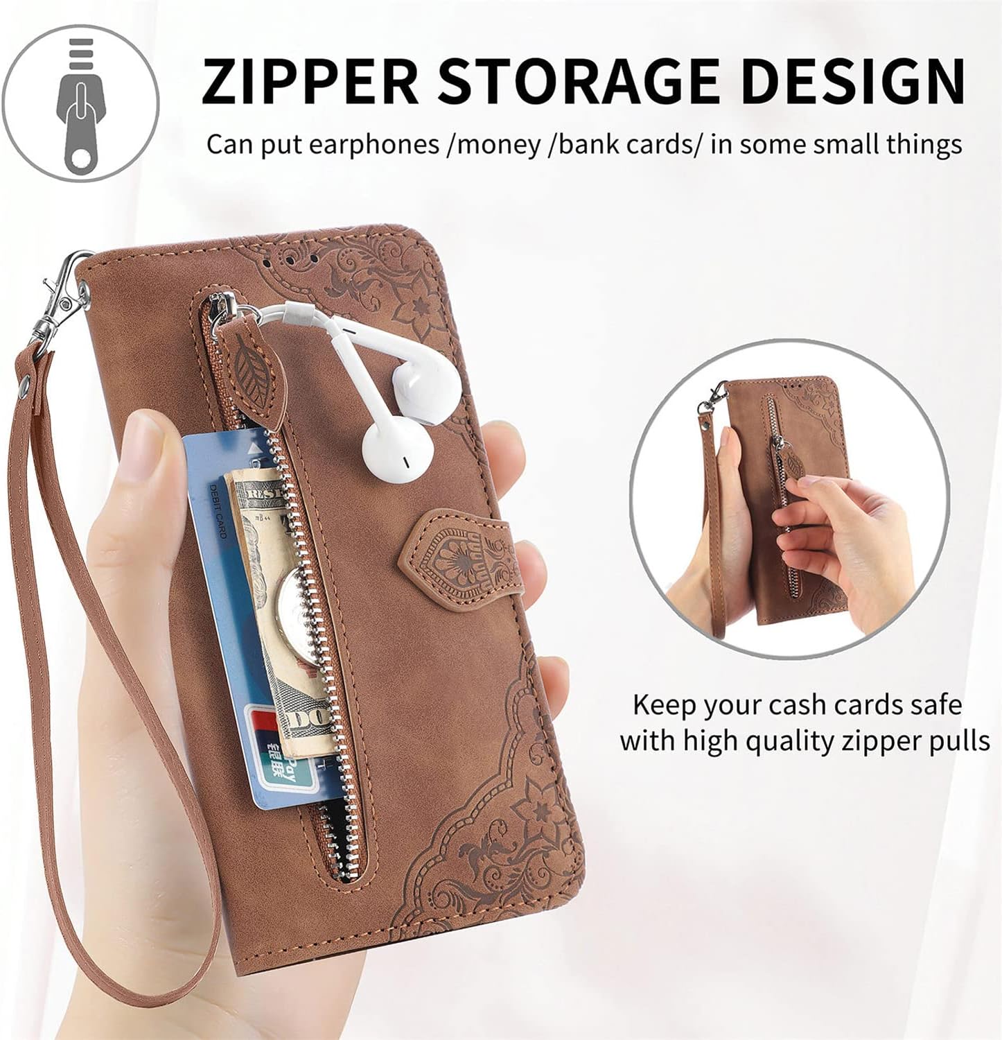 Funda tipo cartera para Xiaomi Poco X3X3 NFCX3 Pro, correa de muñeca de piel sintética de lujo con cremallera y soporte para tarjeta de crédito,