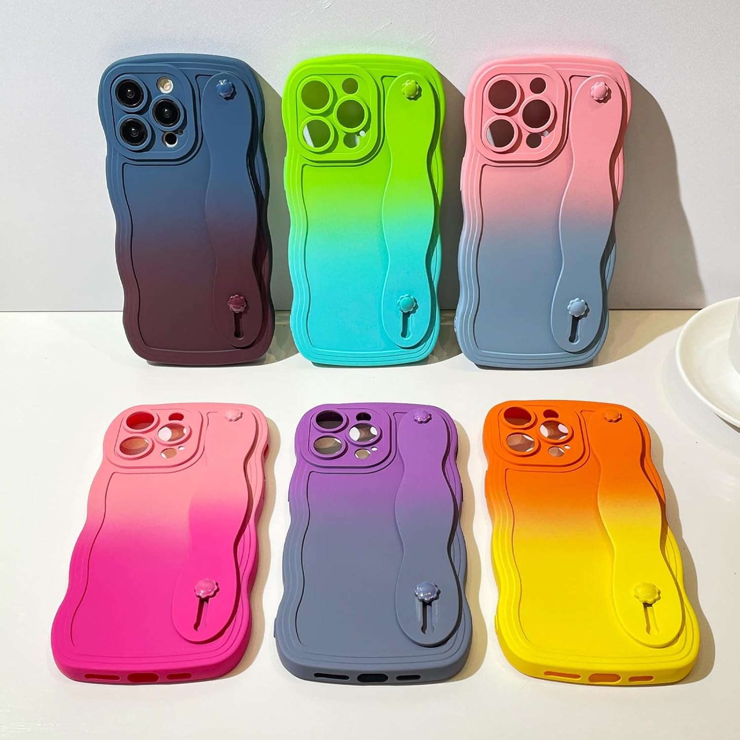 OOK Bonita funda con forma de marco ondulado rizado para iPhone 14 Pro Max con soporte de pulsera ajustable silicona suave a prueba de golpes,