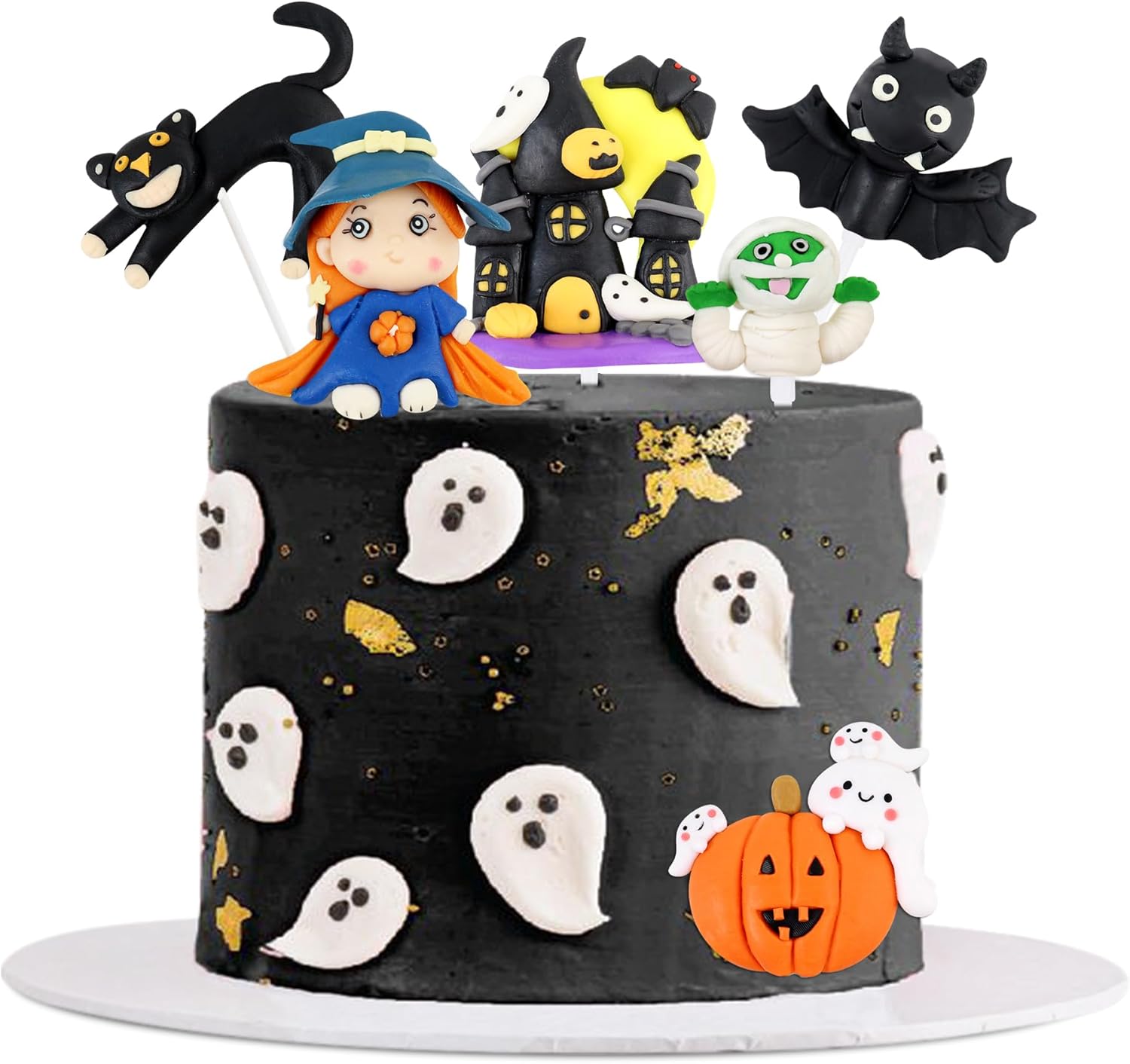 Ercadio Paquete de 6 adornos de resina 3D para tartas de Halloween, castillo de bruja, gato, palillos para tartas de Halloween, calabaza,