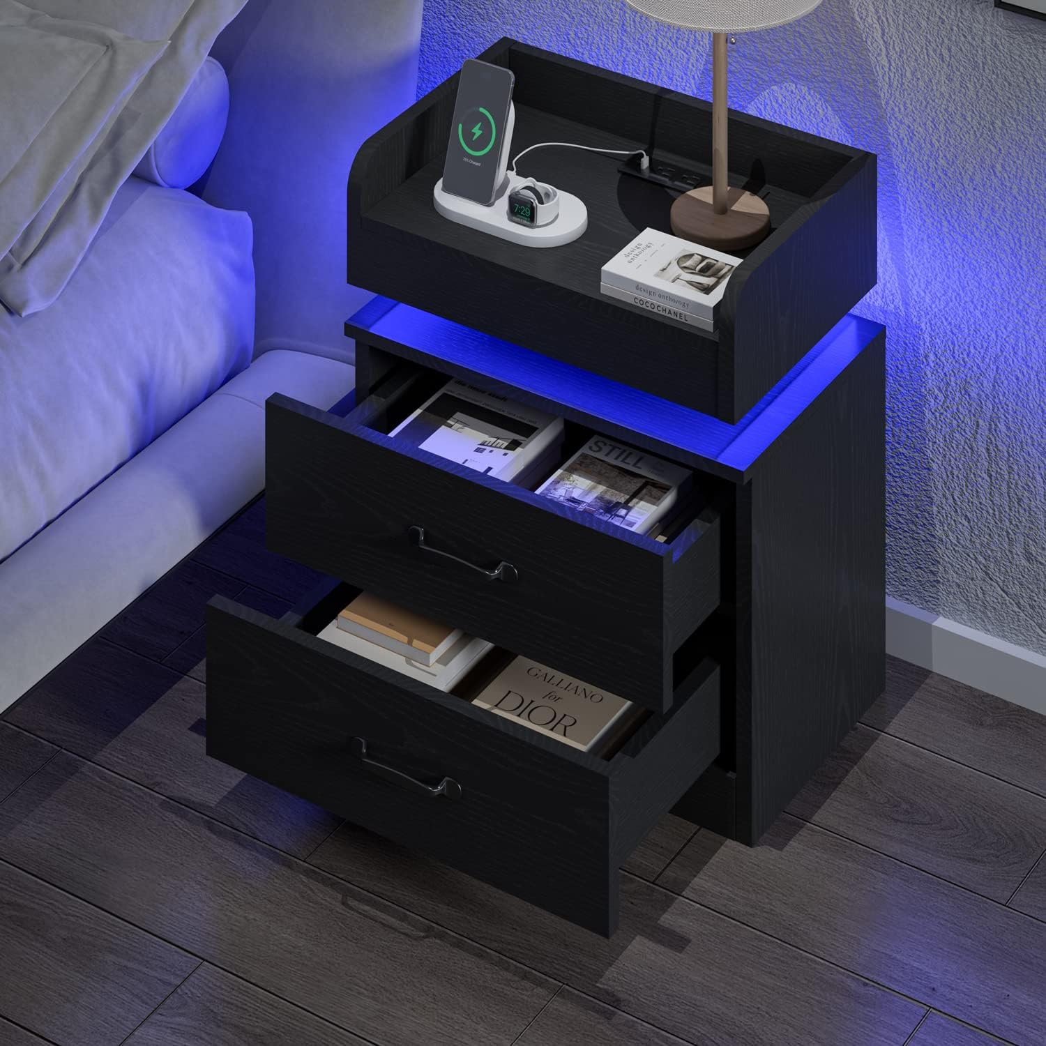 Mesita de noche con estación de carga, mesita de noche con luz LED, mesa auxiliar moderna con cajones de almacenamiento, mesita de noche con luz LED