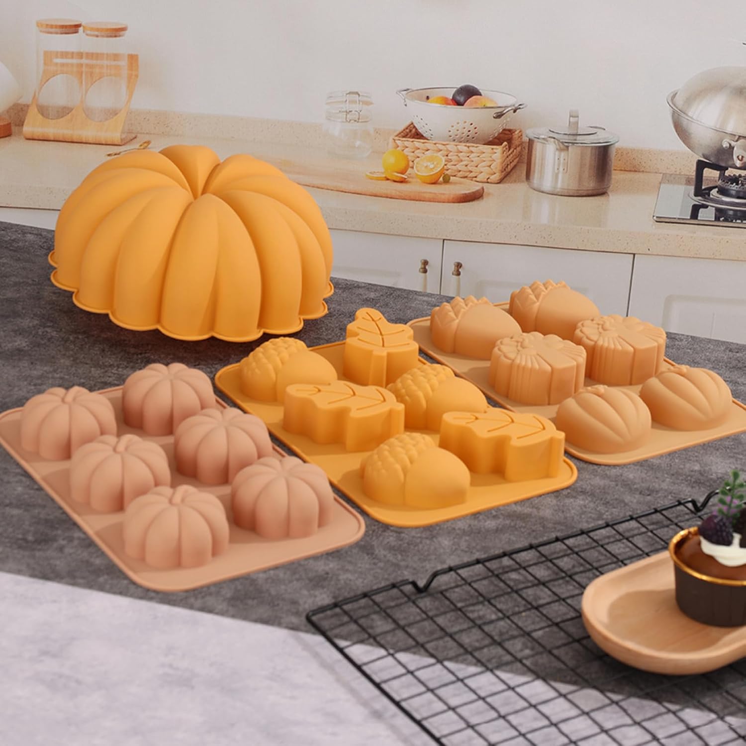 Moldes de silicona de otoño para chocolate, hojas de arce, 2 moldes de silicona de calabaza, bellotas y calabazas, moldes 3D de caramelo de