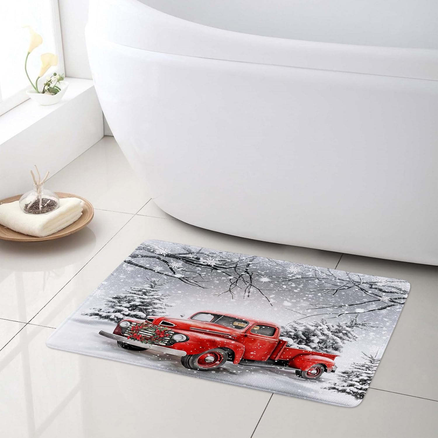 LB Red Truck Christmas Shower Curtain Sets with Rugs Xmas Wreath and Pine Tree on Retro Truck Winter Snow Fabric Shower Curtain with Hooks Snowflake