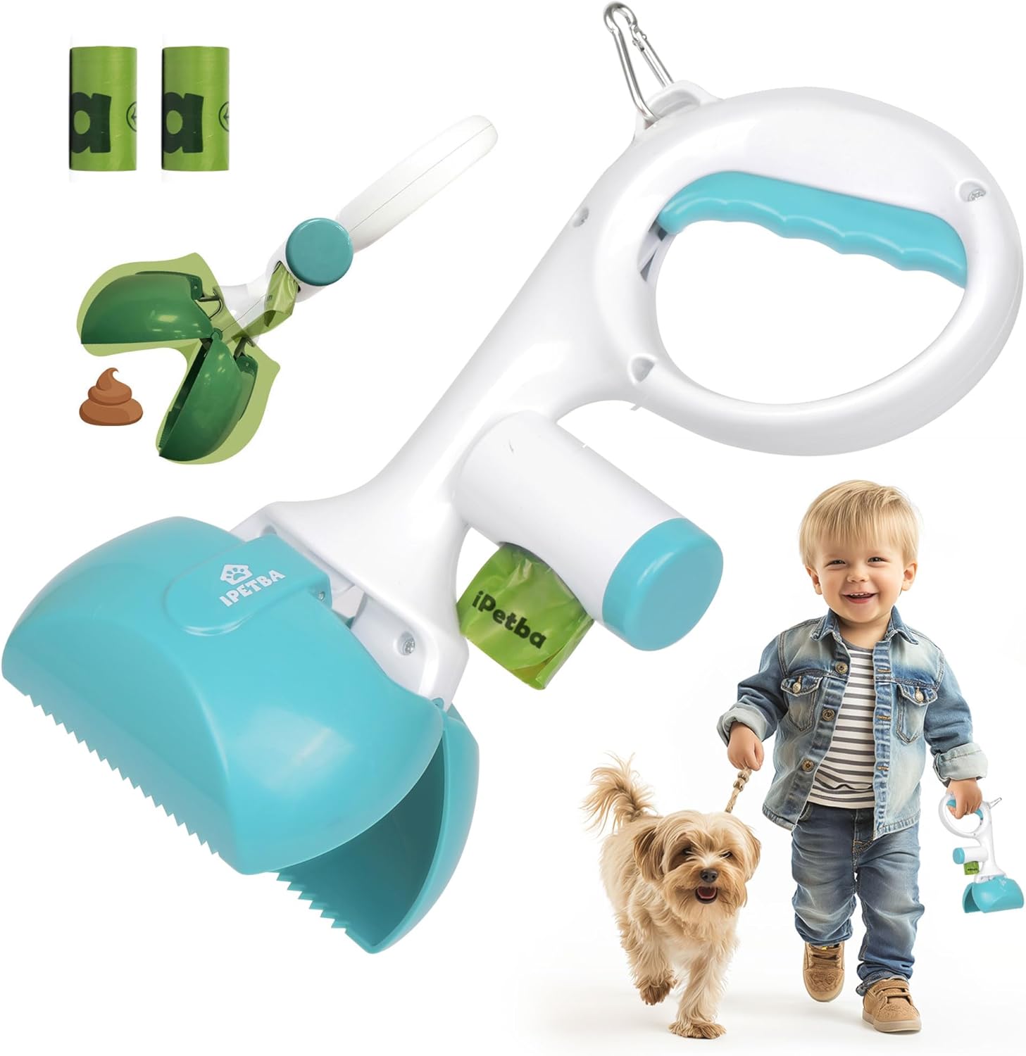 Cuchara para excrementos de perros con bolsa adjunta  3 en 1 Recogedor portátil de excremento de perro con un botón, ligero, recogedor de desechos