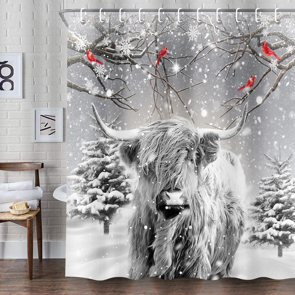 Bcsewcg Juego de cortina de ducha gris de vaca de las montañas navideñas, cortina de ducha divertida de vaca occidental, bosque de invierno, nieve,