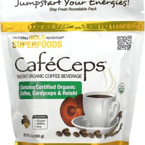 CafeCeps, Café instantáneo orgánico certificado con Cordyceps y polvo de hongos Reishi, 3.52 oz (100 g), California Gold Nutrition CafeCeps, Café instantáneo orgánico certificado con Cordyceps y polvo de hongos Reishi, 3.52 oz (100 g), California Gold Nutrition