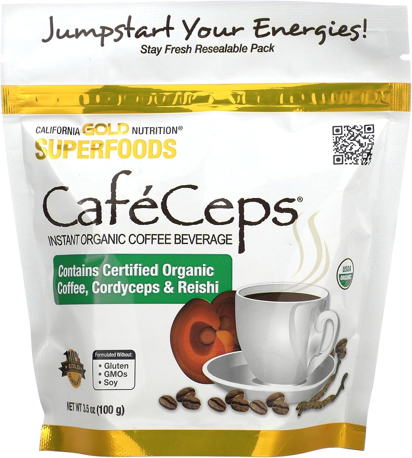 CafeCeps, Café instantáneo orgánico certificado con Cordyceps y polvo de hongos Reishi, 3.52 oz (100 g), California Gold Nutrition