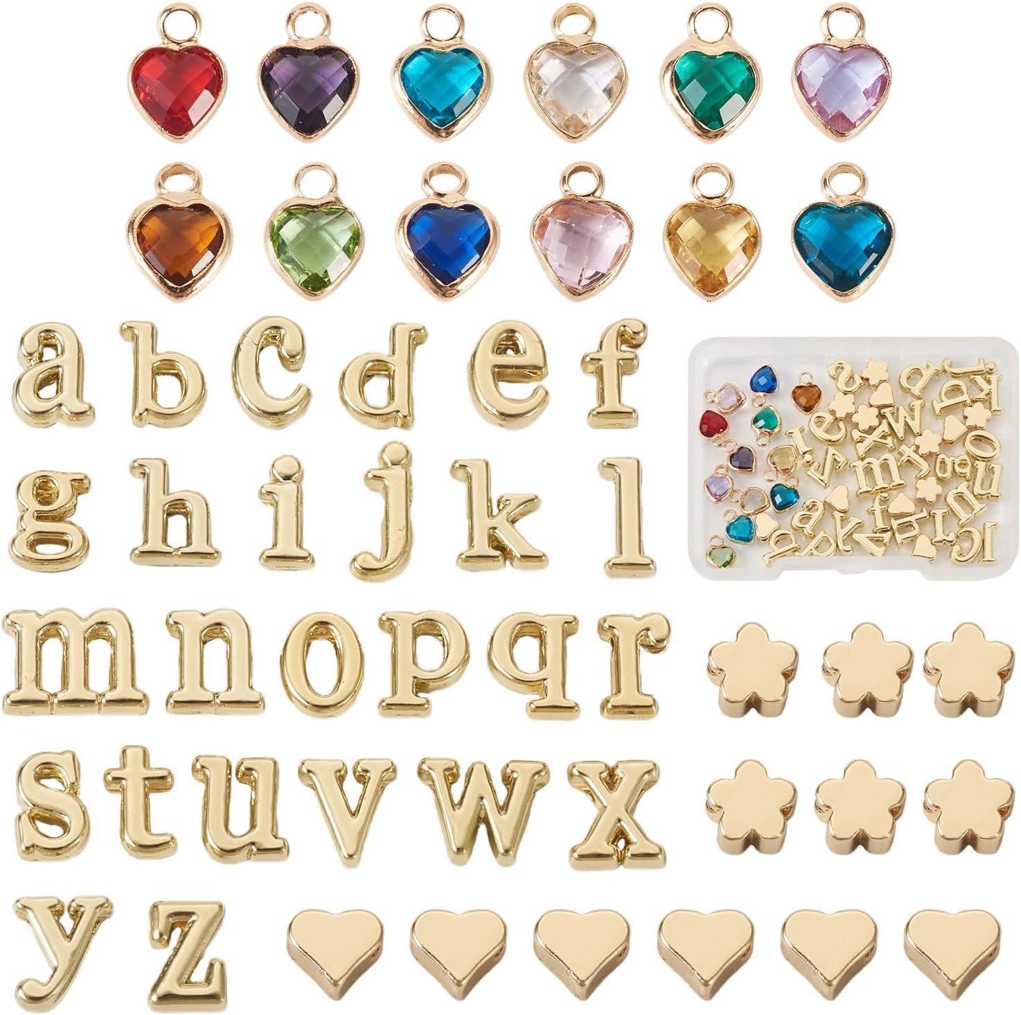 Cheriswelry Juego de 50 piezas de joyería de piedra natal con forma de corazón, dijes de cristal de aleación de letra A  Z, cuentas de latón, flores