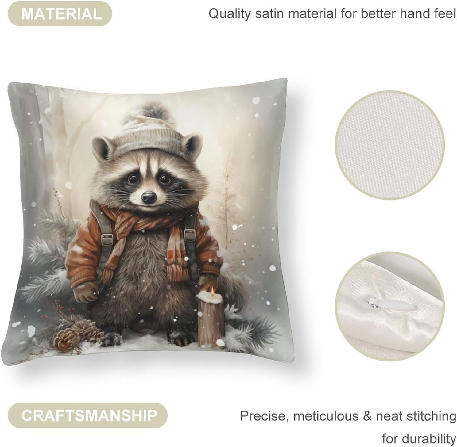 HighonHi Fundas de almohada decorativas de 26 x 26 pulgadas, lindas fundas de cojín de satén de dibujos animados de mapache de Navidad, nieve e