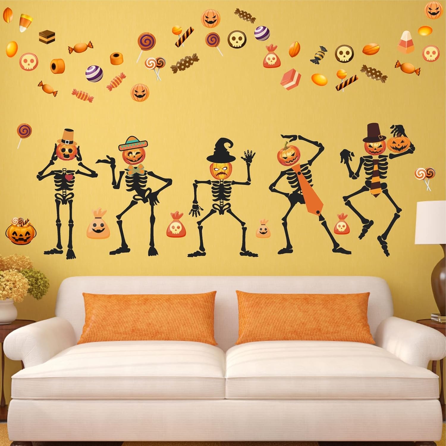 Calcomanía de pared de esqueleto de Halloween, calcomanías de pared de caramelo de calabaza, calcomanías de vinilo para ventana de Halloween,