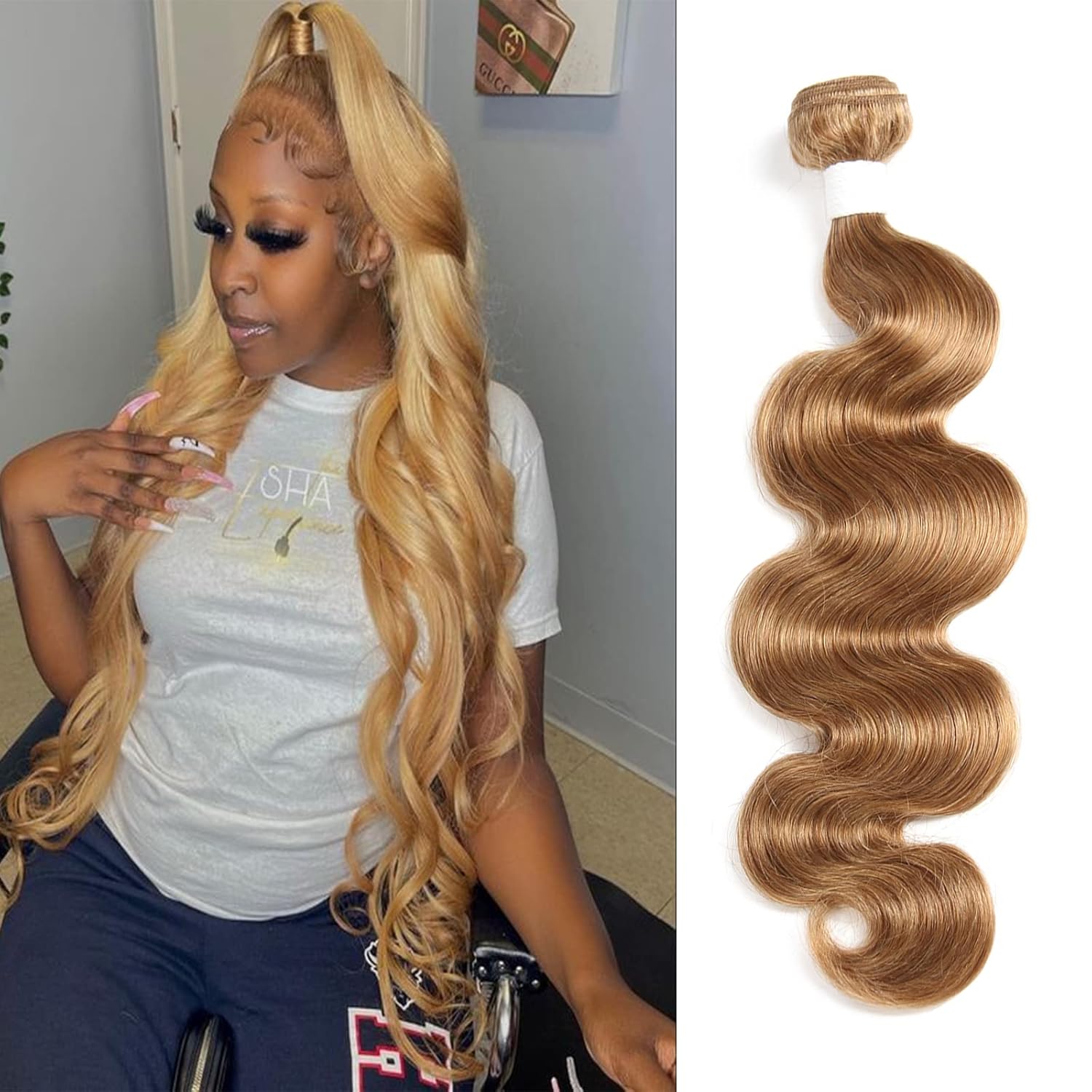 X-TRESS Extensiones de cabello de 18 pulgadas, color #27, 1 rubio miel, 100% cabello humano brasileño 27, ondulado, extensiones de cabello humano