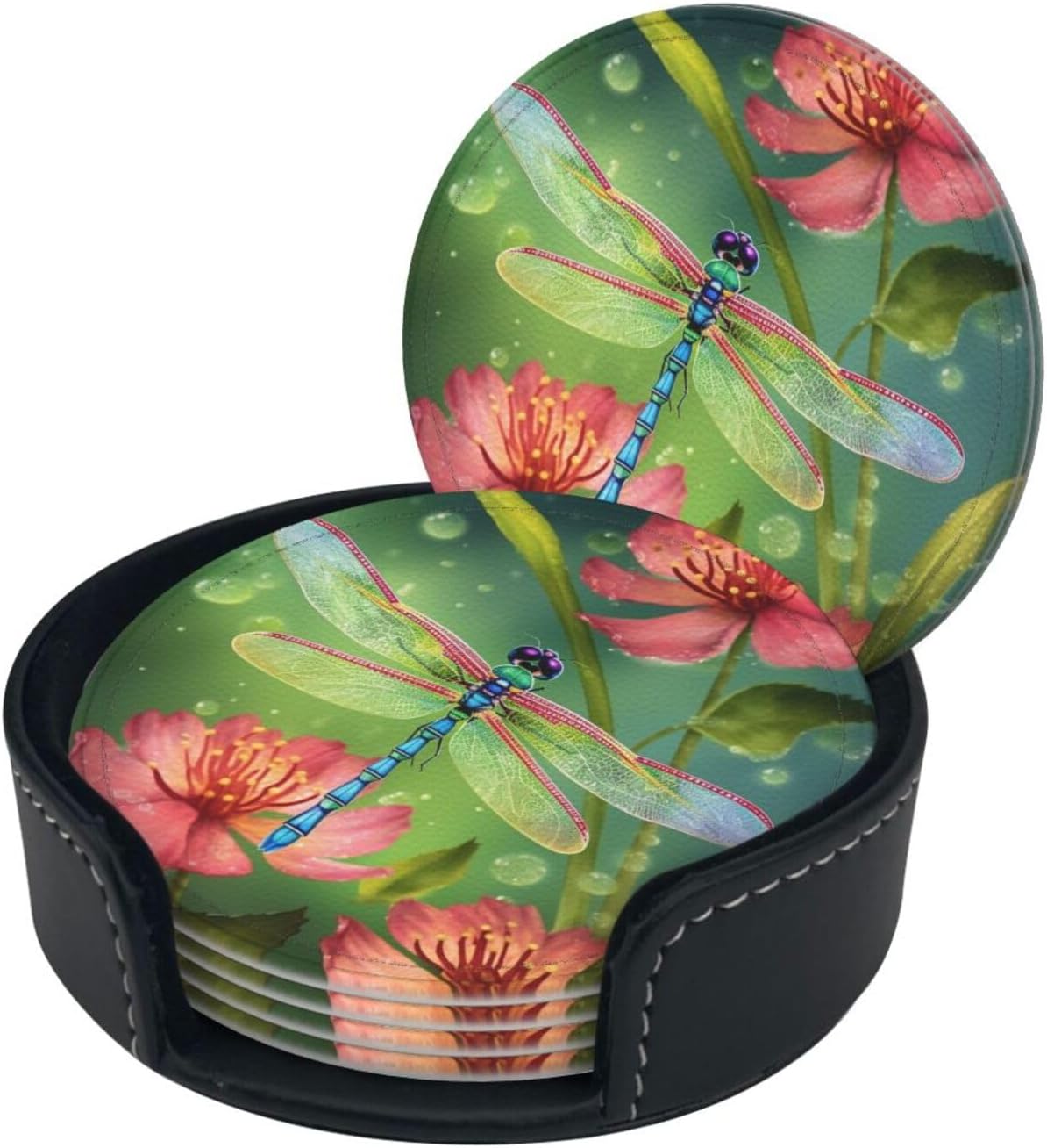 Juego de 6 posavasos de cuero con soporte para bebidas con estampado de libélulas y flores, posavasos redondos para decoración de mesa auxiliar