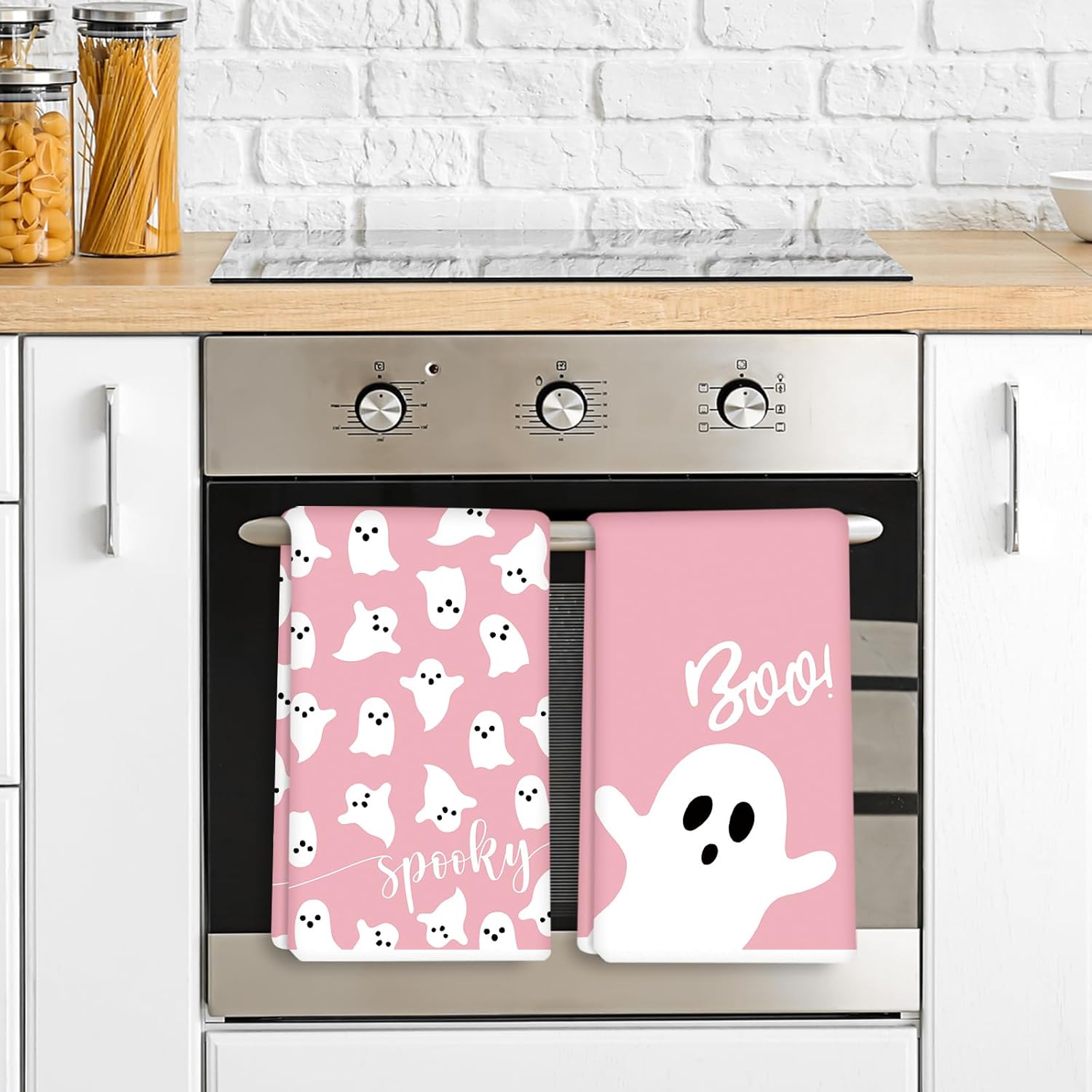 AnyDesign – Toalla de cocina de Halloween de 18 x 28 pulgadas, color rosa y blanco, toalla de cocina de secado a mano para limpiar la cocina, 2