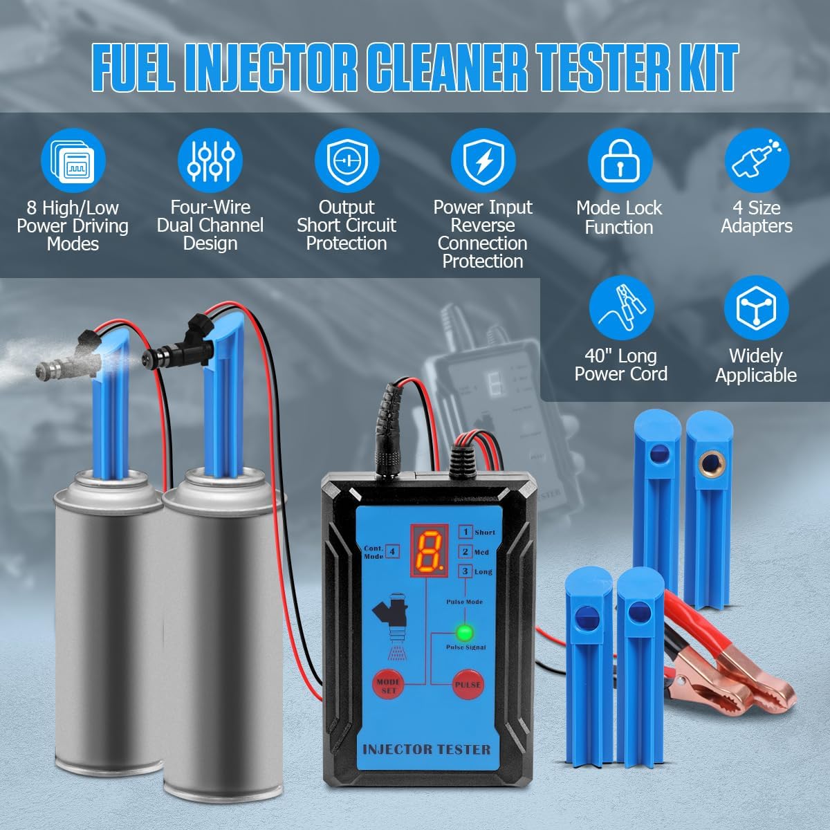Kit de limpiador de inyector de combustible actualizado con 2 adaptadores universales y 2 limpiadores de descarga dedicados, 8 modos de pulso,