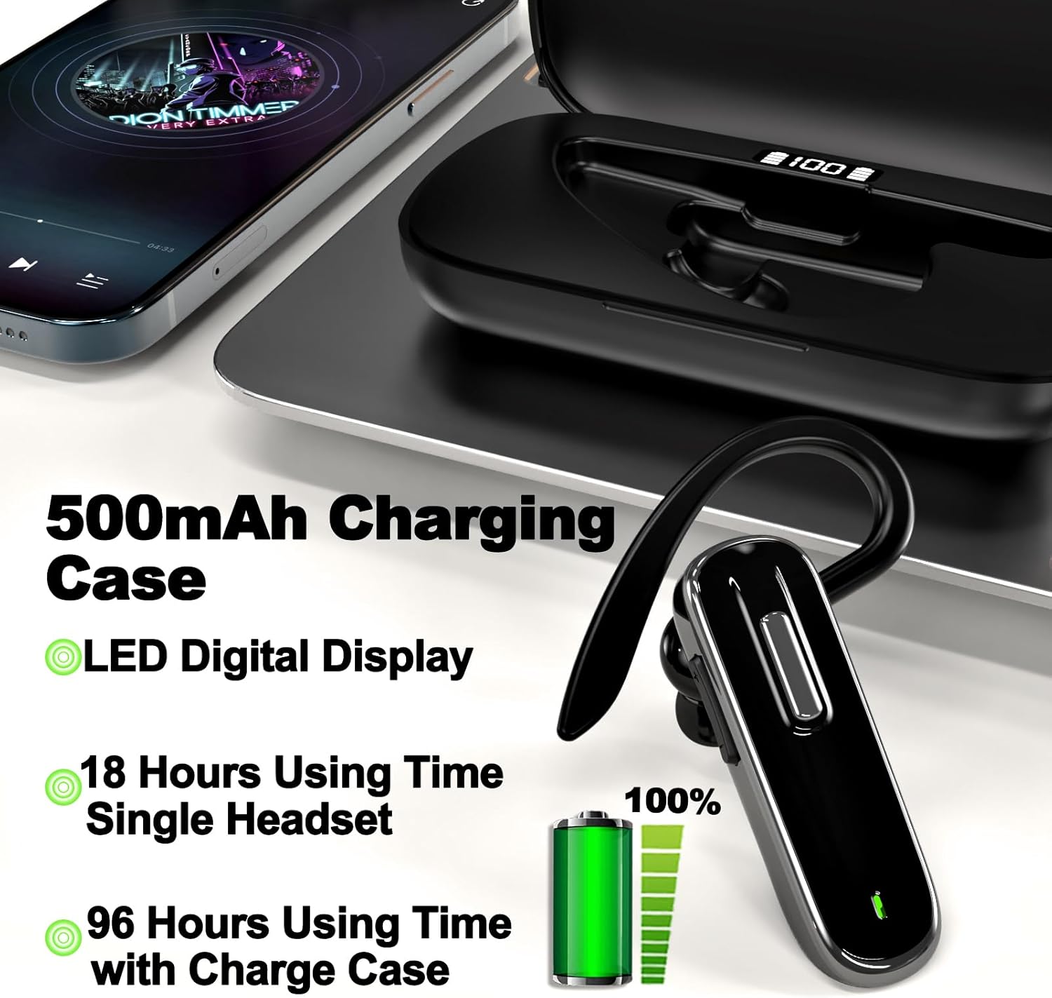 DTALL Auriculares Bluetooth, V5.1 Auriculares inalámbricos ultraligeros para teléfonos celulares con pantalla de batería, estuche de carga de 96