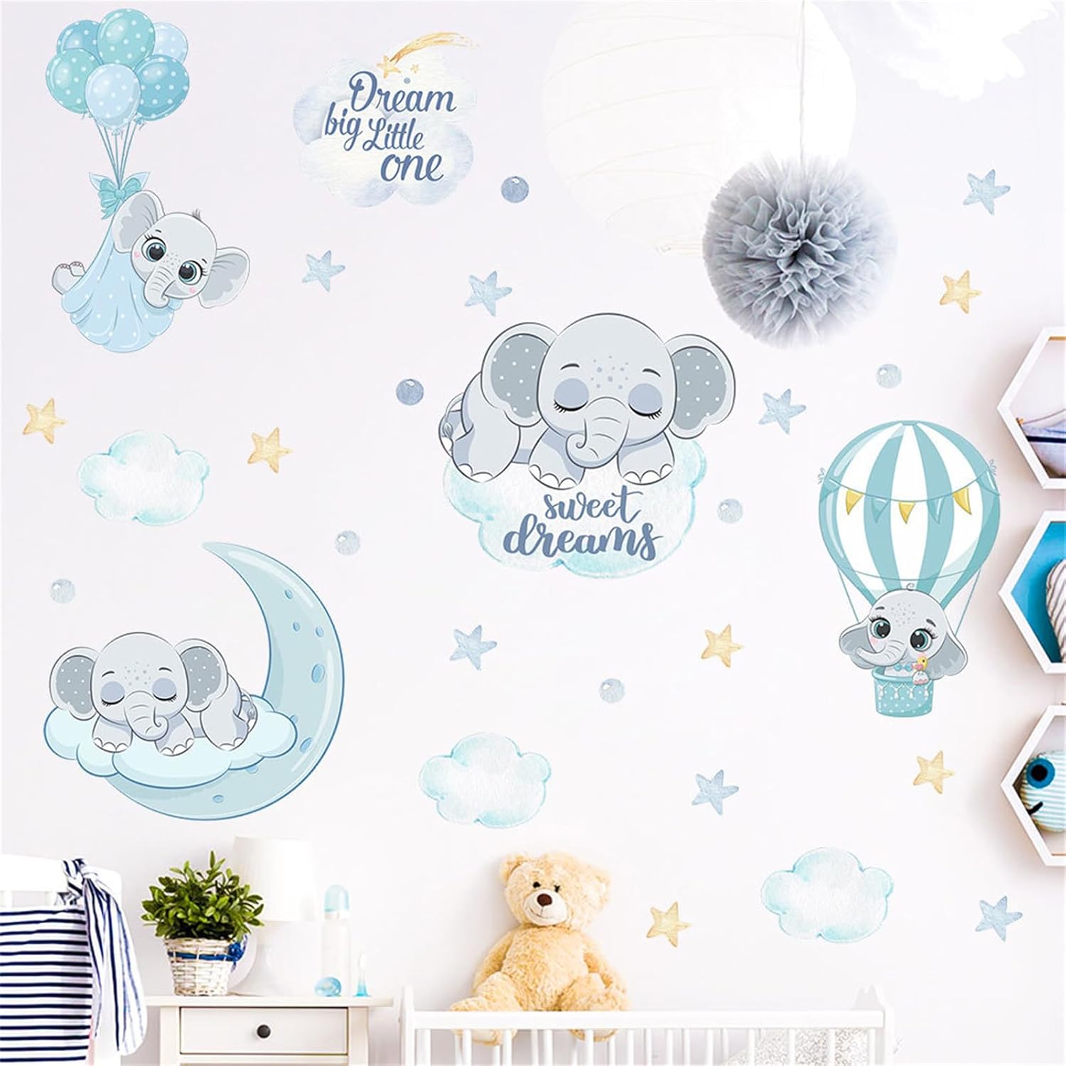 Calcomanías de pared de elefante azul con diseño de animales lindos, diseño de luna y estrellas, nube, globo de aire, papel tapiz extraíble, papel