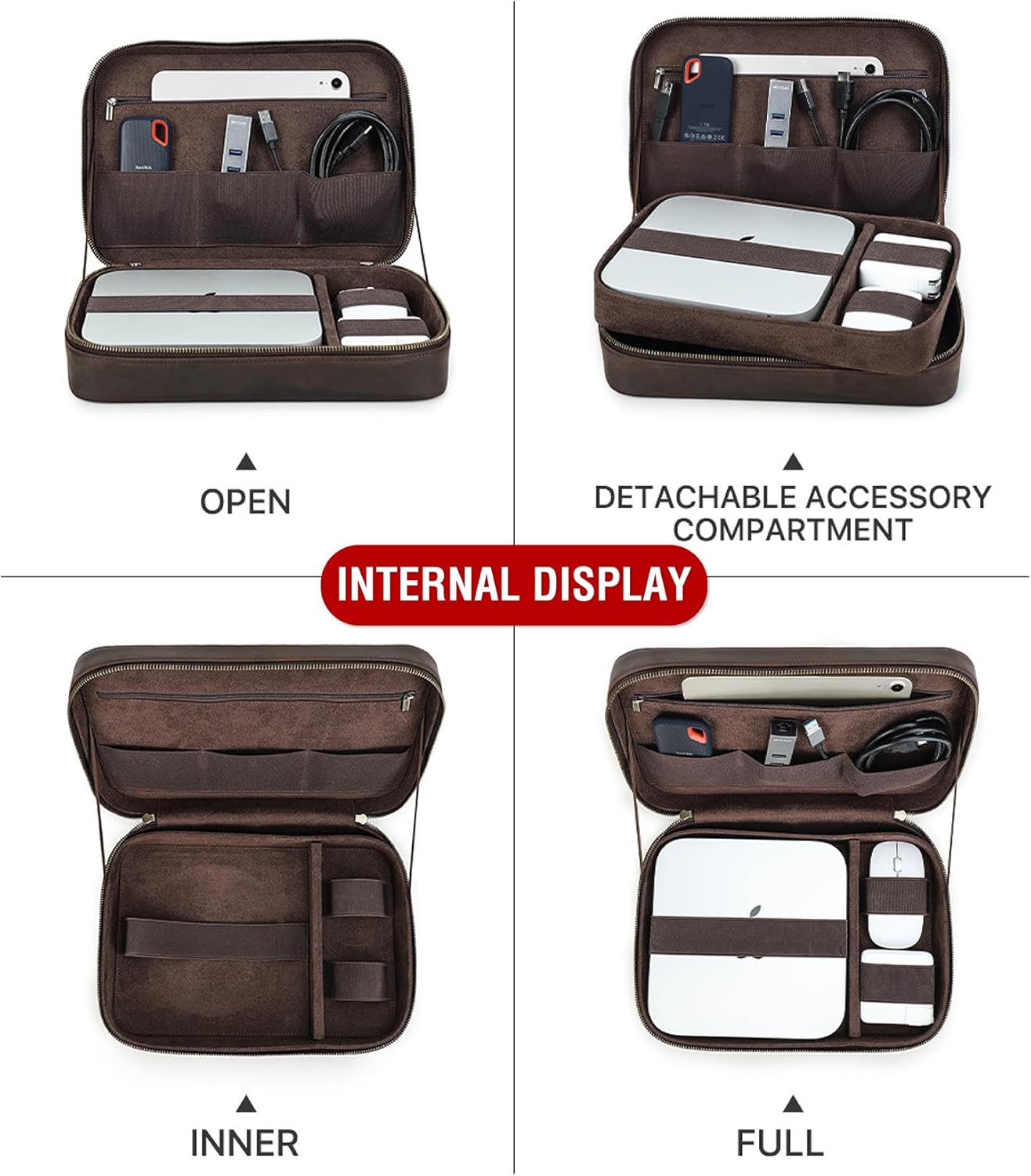 Kit técnico de estuche organizador electrónico, cuero de grano superior, hecho a mano, portátil, compacto, accesorios electrónicos de viaje,
