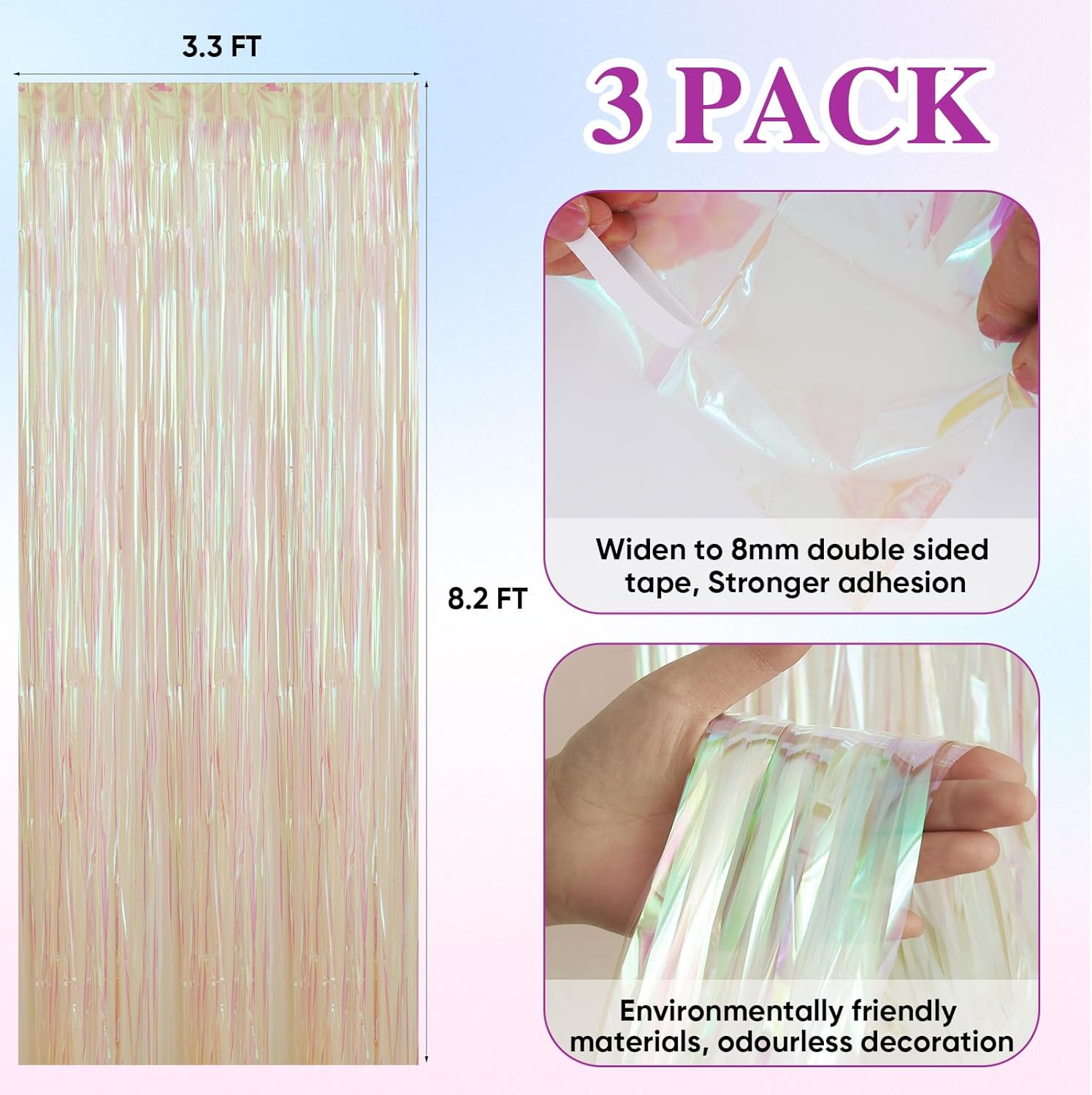 Paquete de 3 cortinas de fondo de flecos de aluminio, cortinas de oropel de 3.3 x 8.2 pies, vaporizadores transparentes para decoración de fiestas,