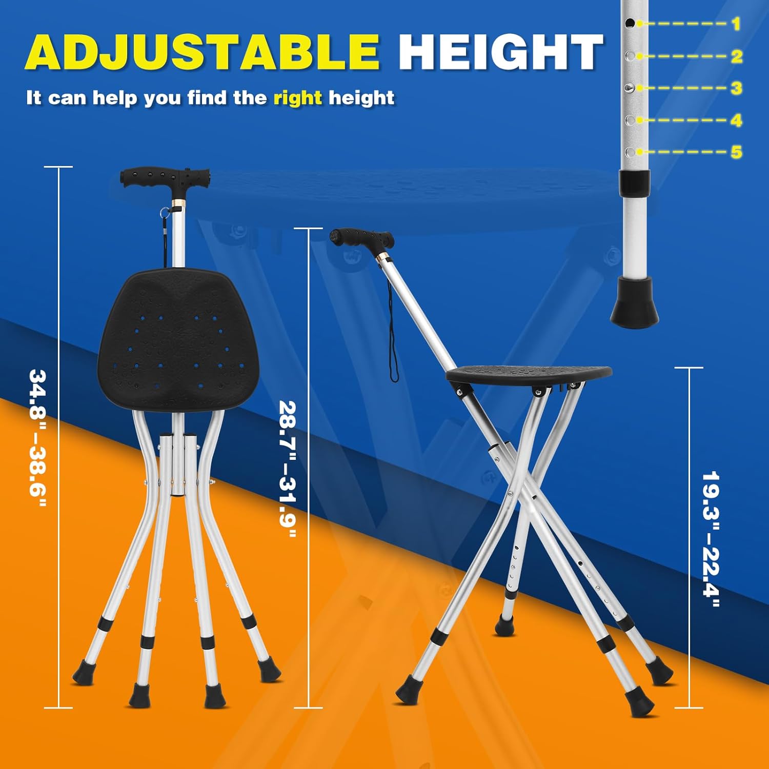 BigAlex Bastón para caminar con asiento, asiento ligero con LED para personas mayores, silla plegable ajustable para mujeres con 4 patas