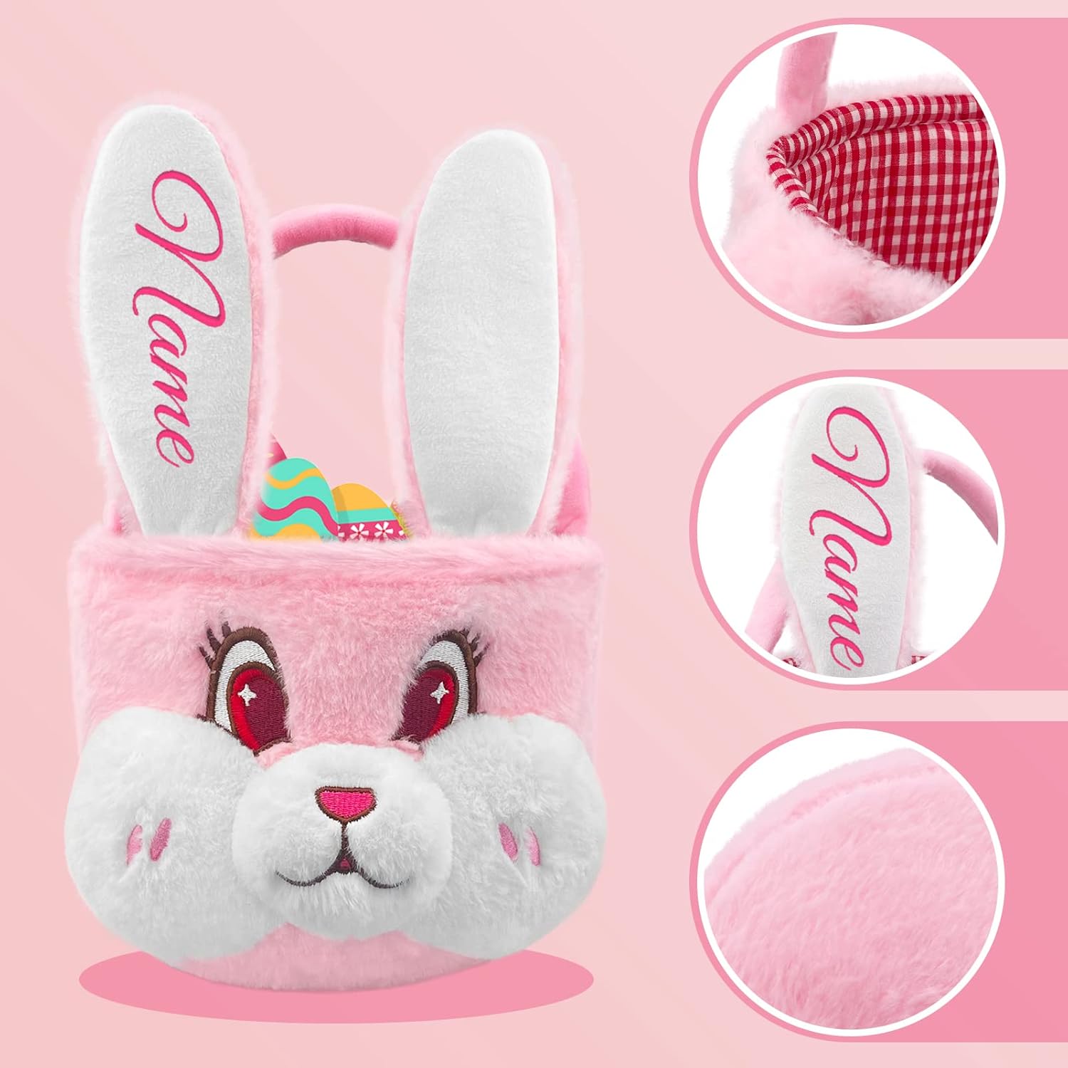 Bolsa de conejo de Pascua personalizada con diseño de conejo de felpa para niños con bordado de nombre personalizado, oreja larga para niños y