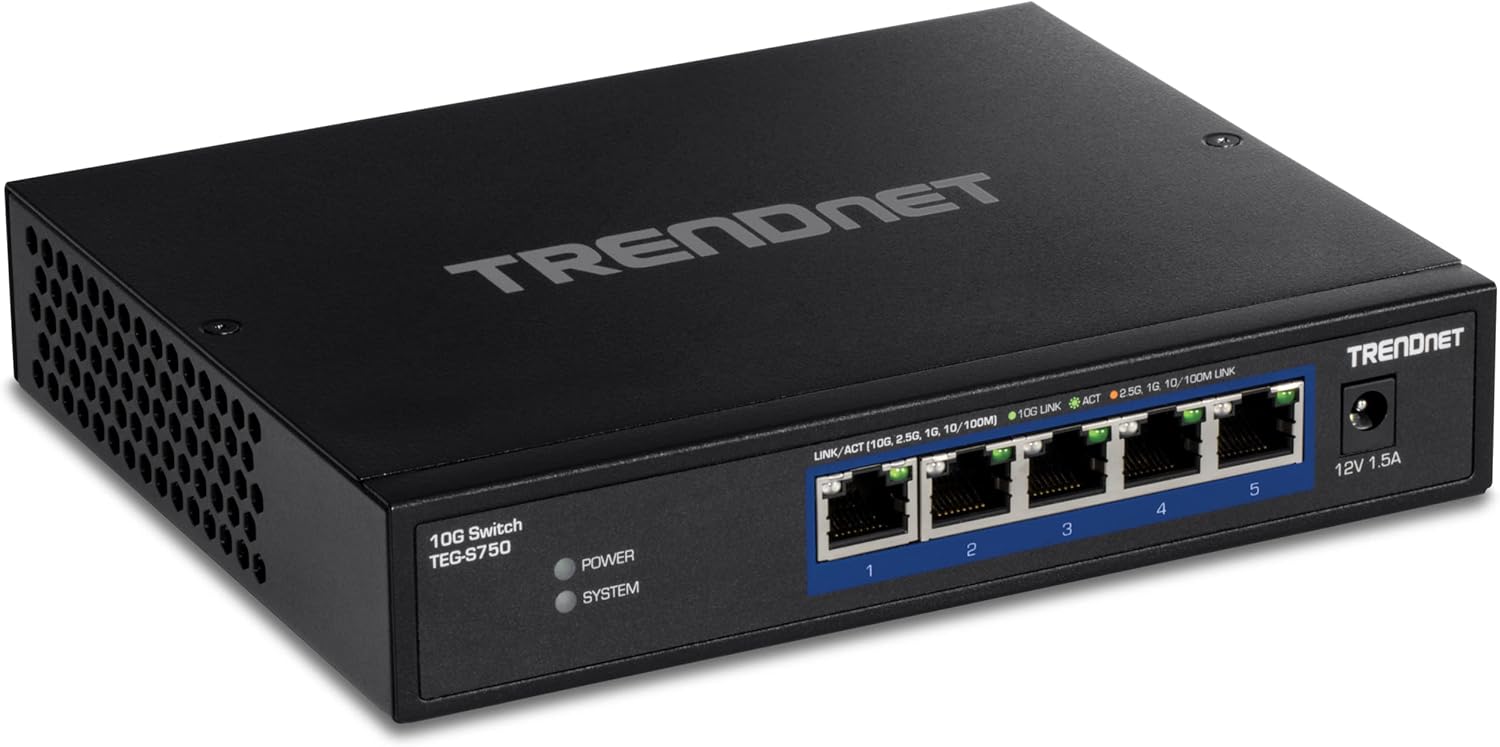 TRENDnet Interruptor 10G de 5 puertos, 5 puertos RJ-45 de 10 G, capacidad de conmutación de 100 Gbps, admite conexiones 2.5G y 5G-BASE-T, protección