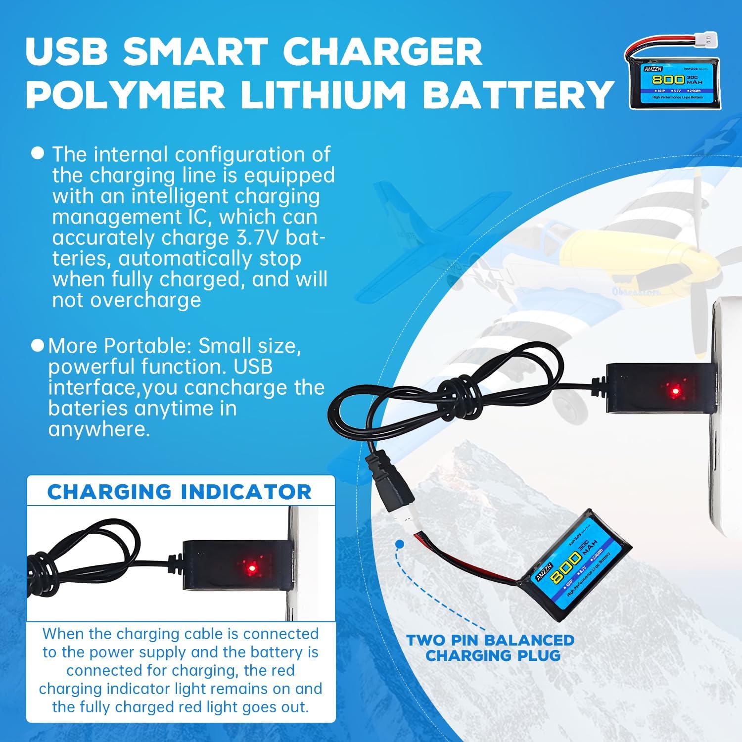 2 baterías Lipo de 3.7 V 800 mAh 30C con cable de carga USB, enchufe Molex para SYMA X5C X5SW H5C V931 U45W SS40 RC Drone compatible con la mayoría