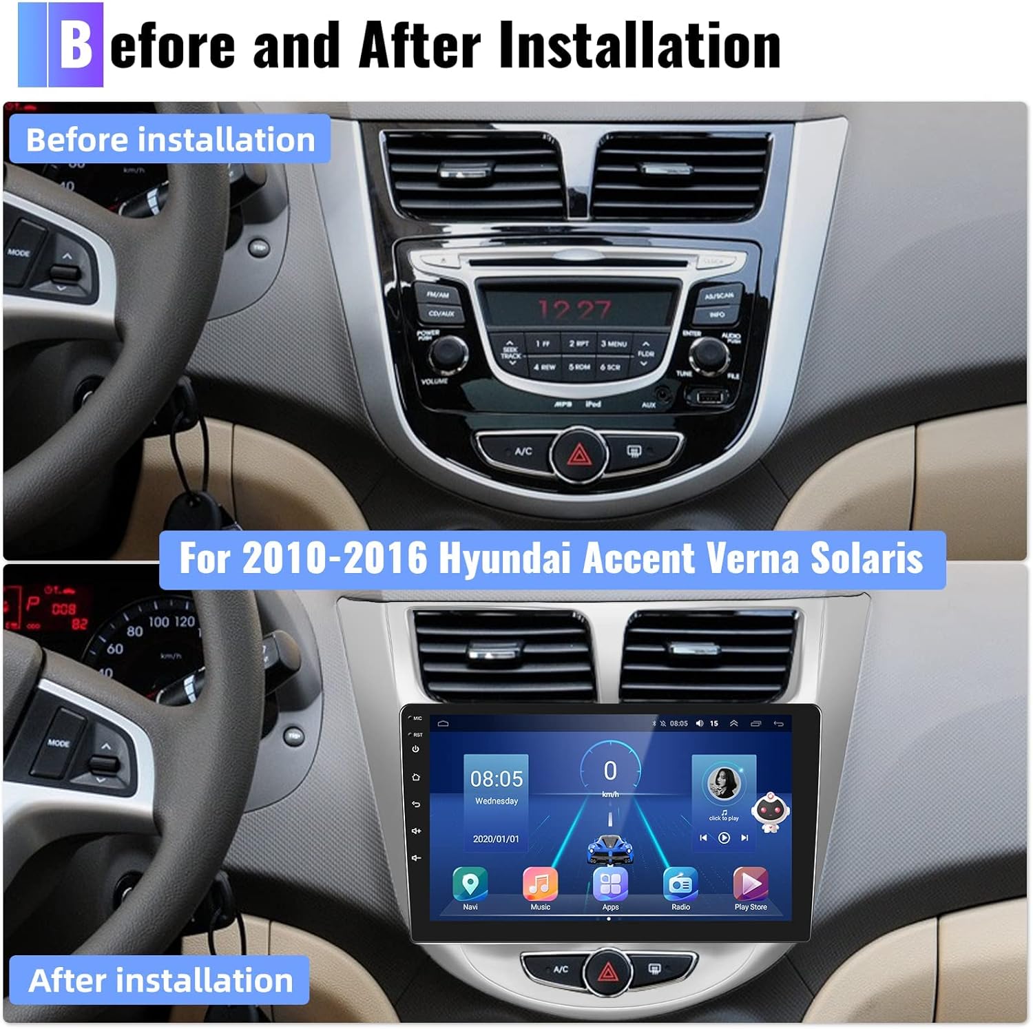 CAMECHO 2+64G CarPlay & Android Auto Receptor estéreo para coche, Android 13 Doble DIN Radio de coche para Hyundai Accent Verna Solaris 2010-2016