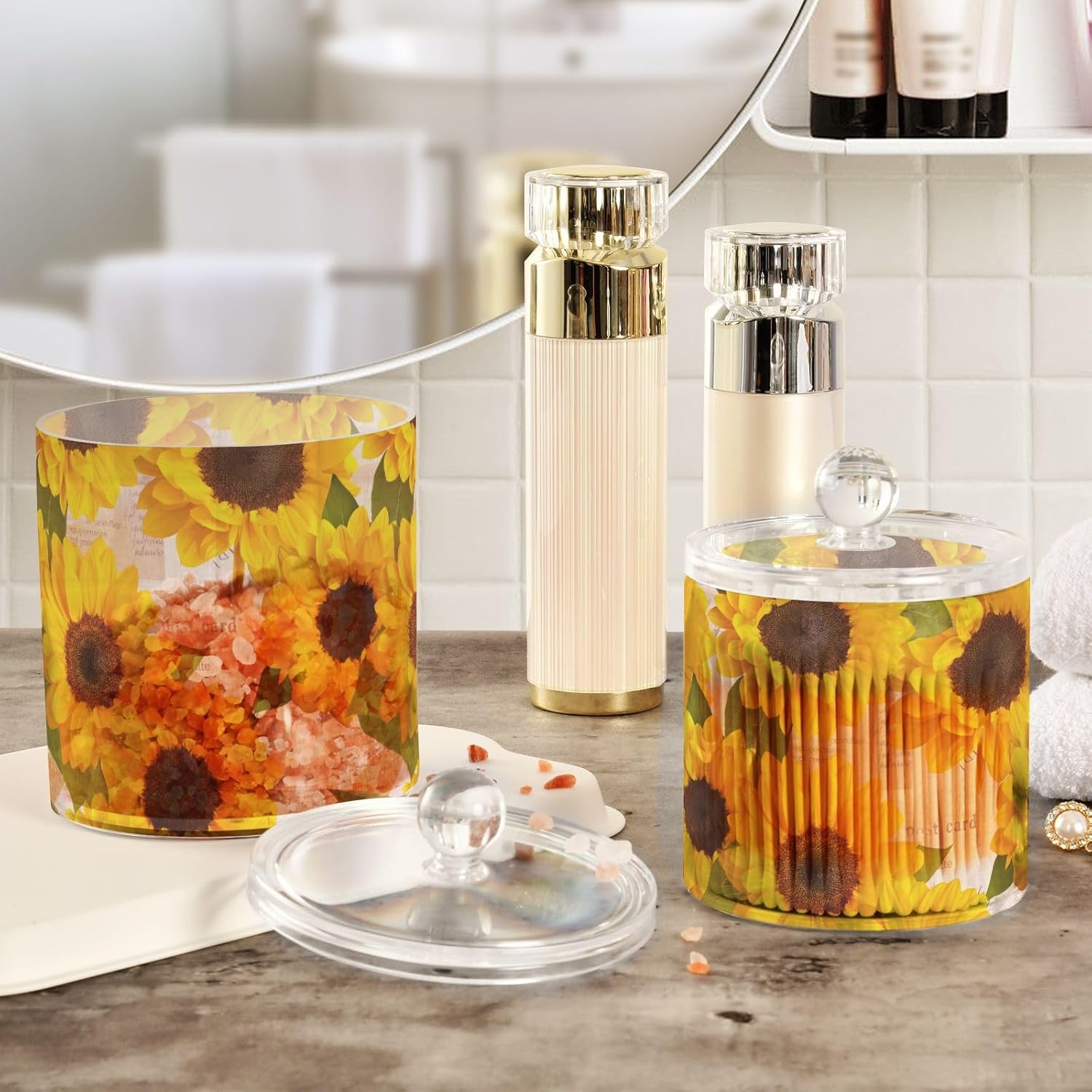 Tarros de girasoles con tapas, tarros de baño, tarros pequeños, dispensador de almohadilla de algodón para dormitorio, artículos esenciales para