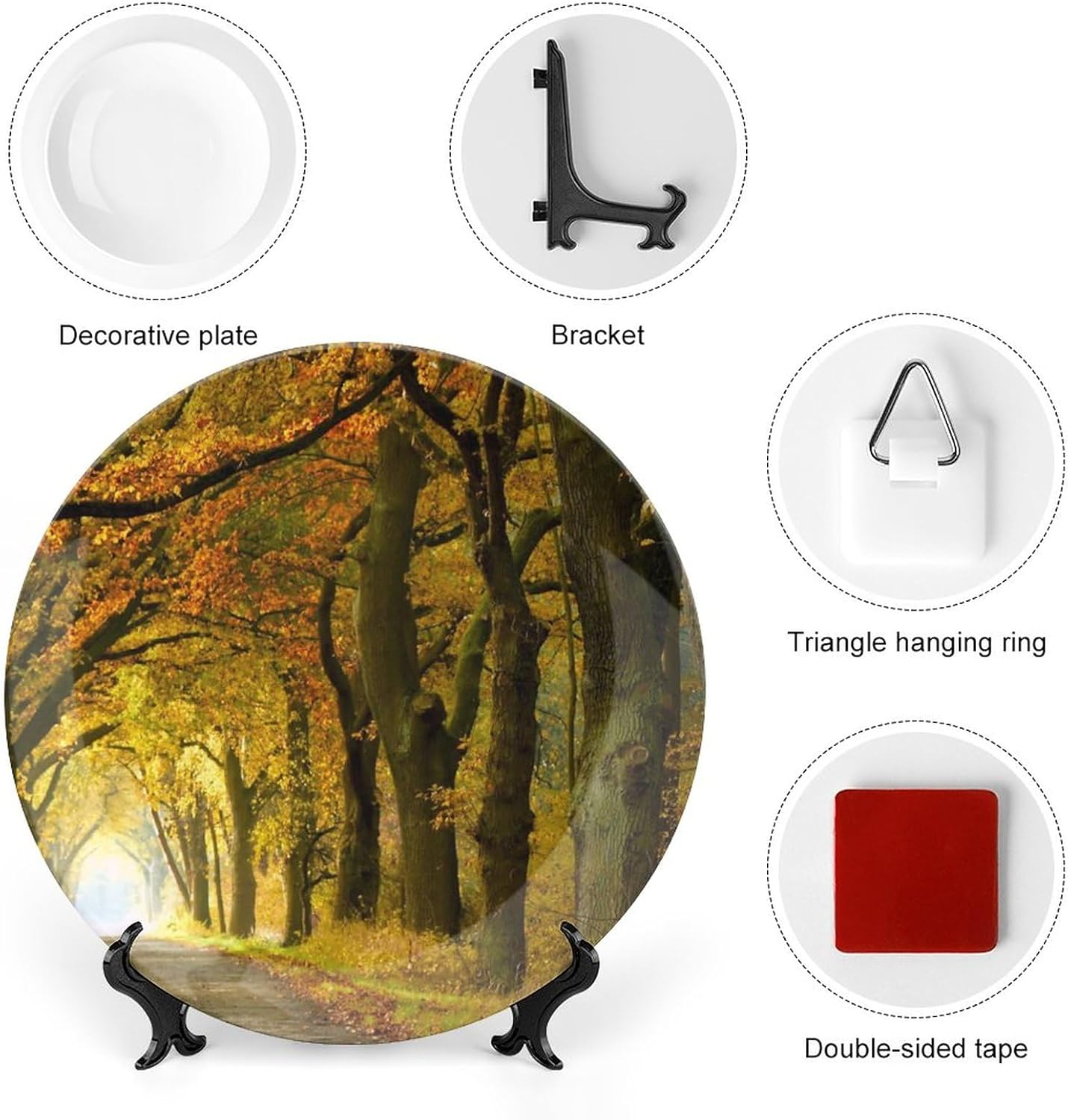 Plato decorativo de cerámica de 6 pulgadas con soporte de otoño Forest Avenue redondo para el hogar, platos de cena para decoración de pared del