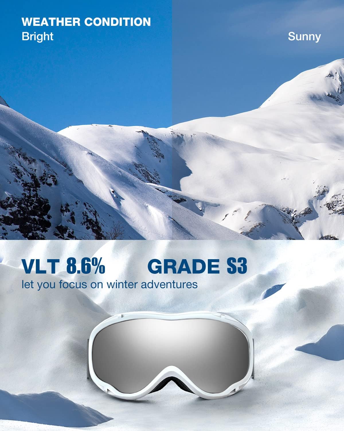 ZIONOR Lagopus Gafas de protección UV para esquí y snowboard, antiniebla, para hombres, mujeres, jóvenes