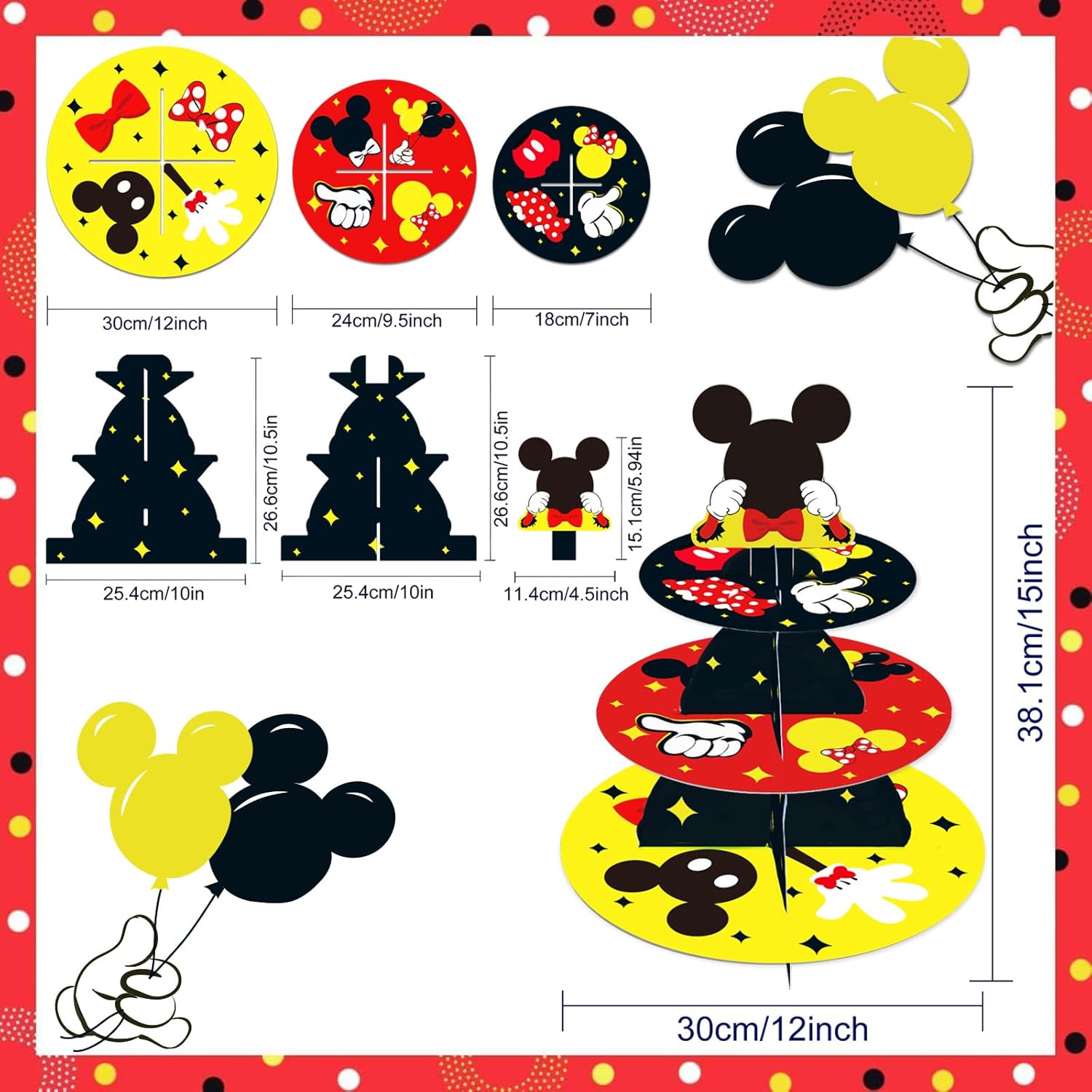 Soporte para cupcakes de Mickey Mouse de 3 niveles, suministros de fiesta de cumpleaños de Mickey Mouse, decoraciones de Mickey Mouse, suministros