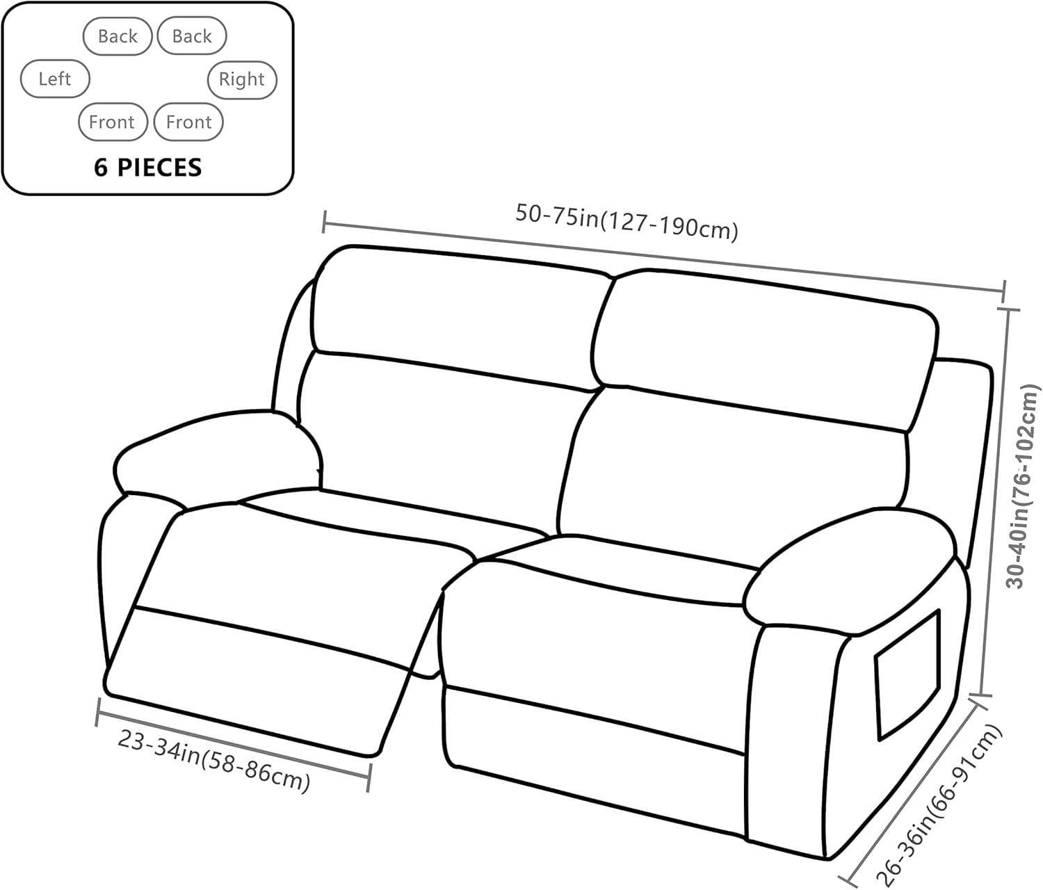 CRFATOP Funda elástica para sofá biplaza reclinable con bolsillos, 6 piezas, fundas de sofá reclinable de doble sección para sofá reclinable de 2
