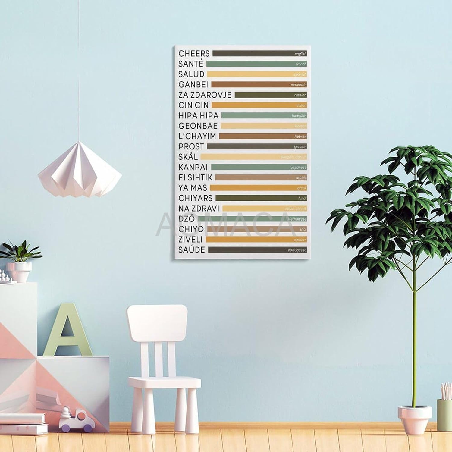 RCIDOS Póster artístico divertido con texto en inglés “Cheers in different language”, impresión de colores retro, tipografía artística, pósteres e