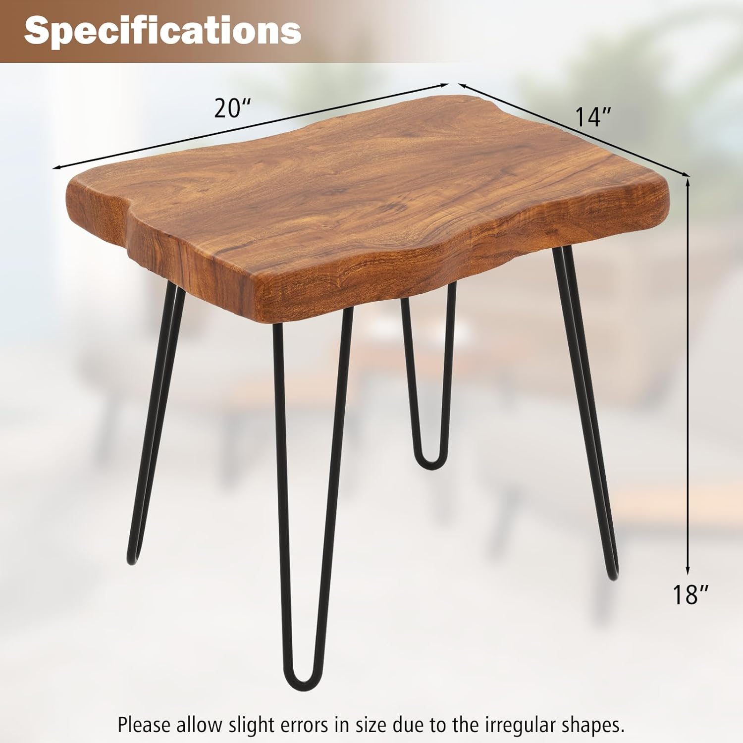GOFLAME Mesa auxiliar rectangular, mesa auxiliar para interiores y exteriores con parte superior de madera de teca maciza y patas de metal, mesa de