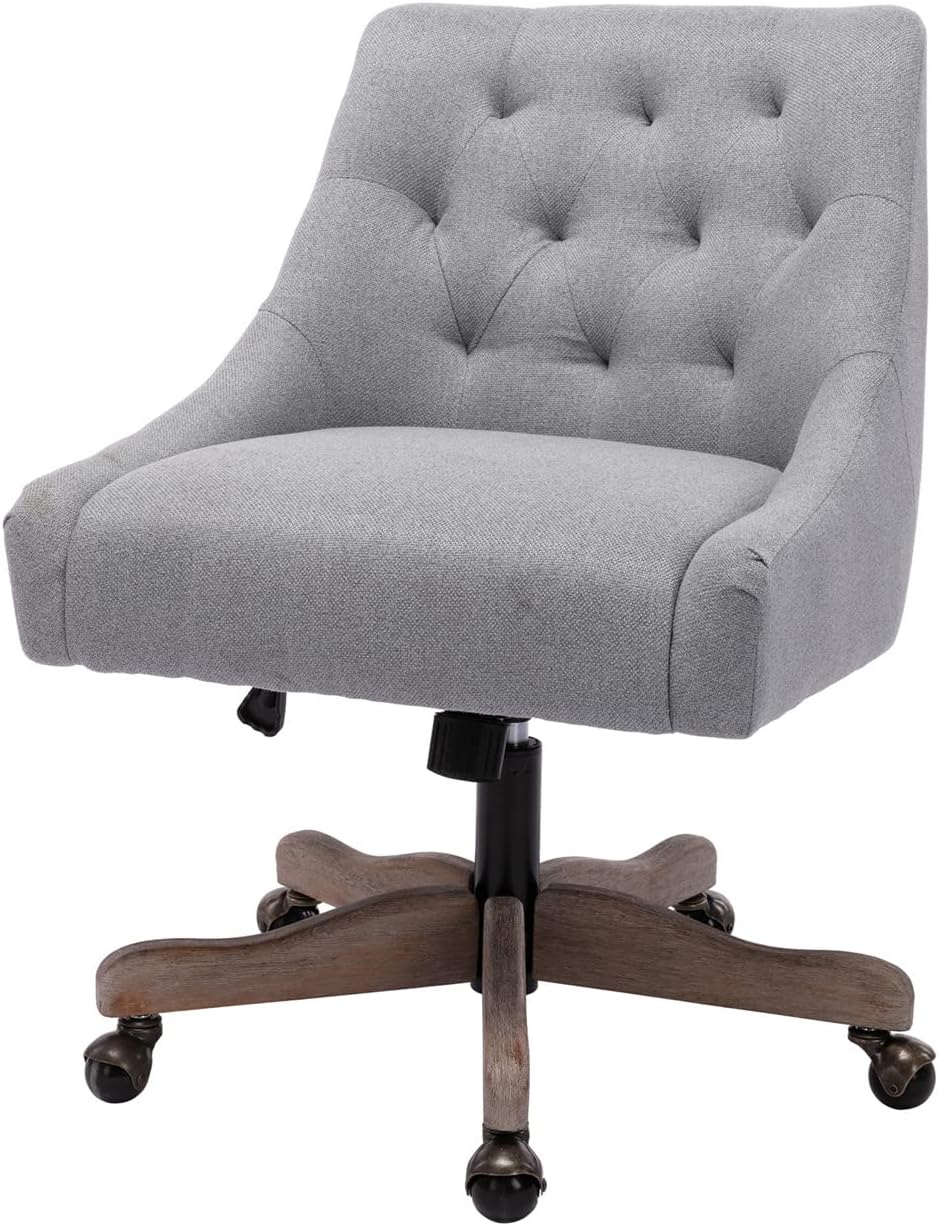 TURRIDU Silla de oficina giratoria, moderna silla giratoria tapizada de lino copetudo con base de madera y ruedas, silla de trabajo ajustable en