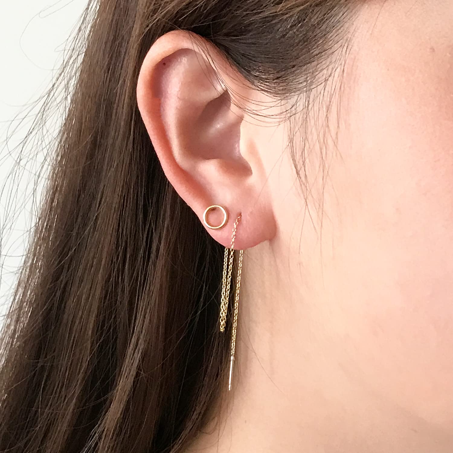 Double Piercing Earrings – Two Hole Earrings for Women – Silver, Gold and Rose Gold – Pull Through Chain Link Earrings (14k Gold Filled)