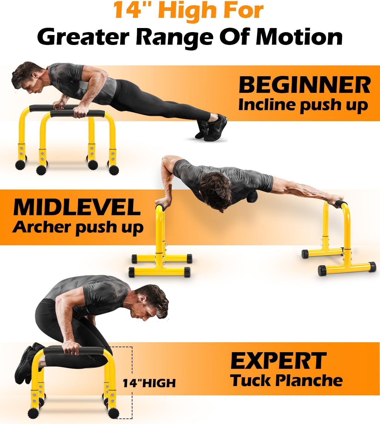 Push Up Bar, 14” High Steel Parallettes & Dip Bar with Full Coverage Foam Handle, Heavy-Duty Calisthenics Parallel Bars for L-Sit, Dips, Home Gym