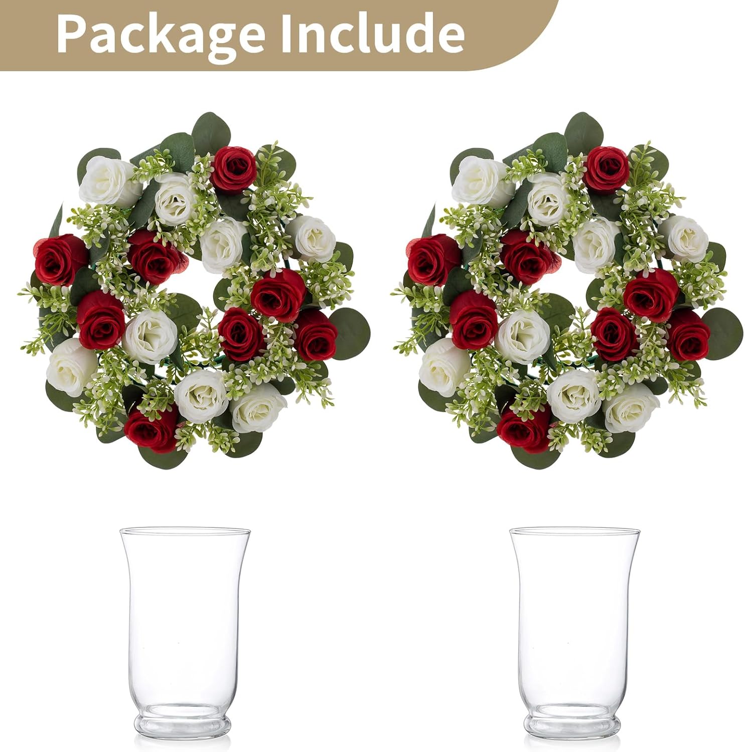 NUPTIO Centro de mesa de coronas de flores artificiales 2 candelabros de cristal para velas flotantes de pilar con rosas falsas blancas y carmesí de