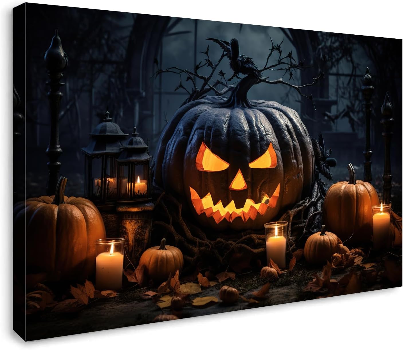 Decoración de Halloween para el hogar, Jack-O’-Lantern en el altar, arte de pared de lienzo negro sonriente espeluznante linterna de calabaza con