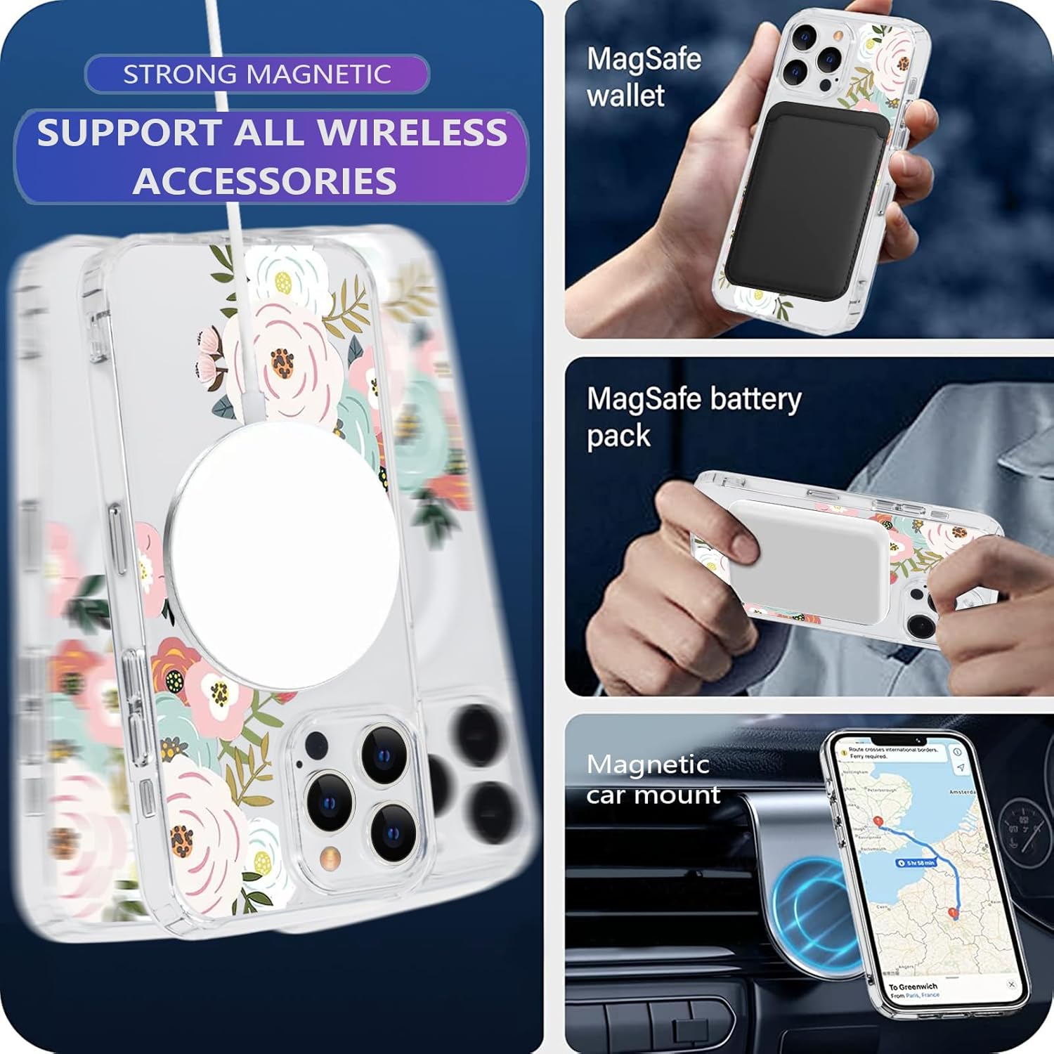 Funda magnética transparente con diseño de flores para iPhone 15 Pro compatible con MagSafe, patrón floral transparente a prueba de golpes, parte