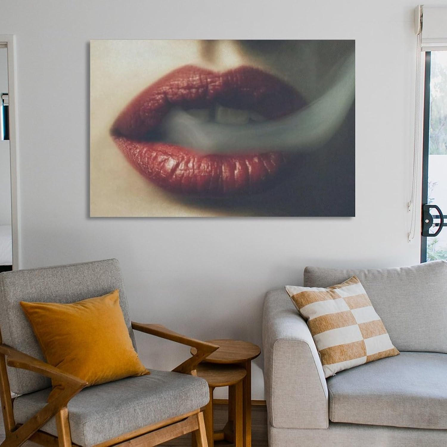 Pósteres modernos de arte de pared, póster de arte de moda con labios rojos, mujer, fumar, póster de arte de cueva de hombre, pósteres e impresiones