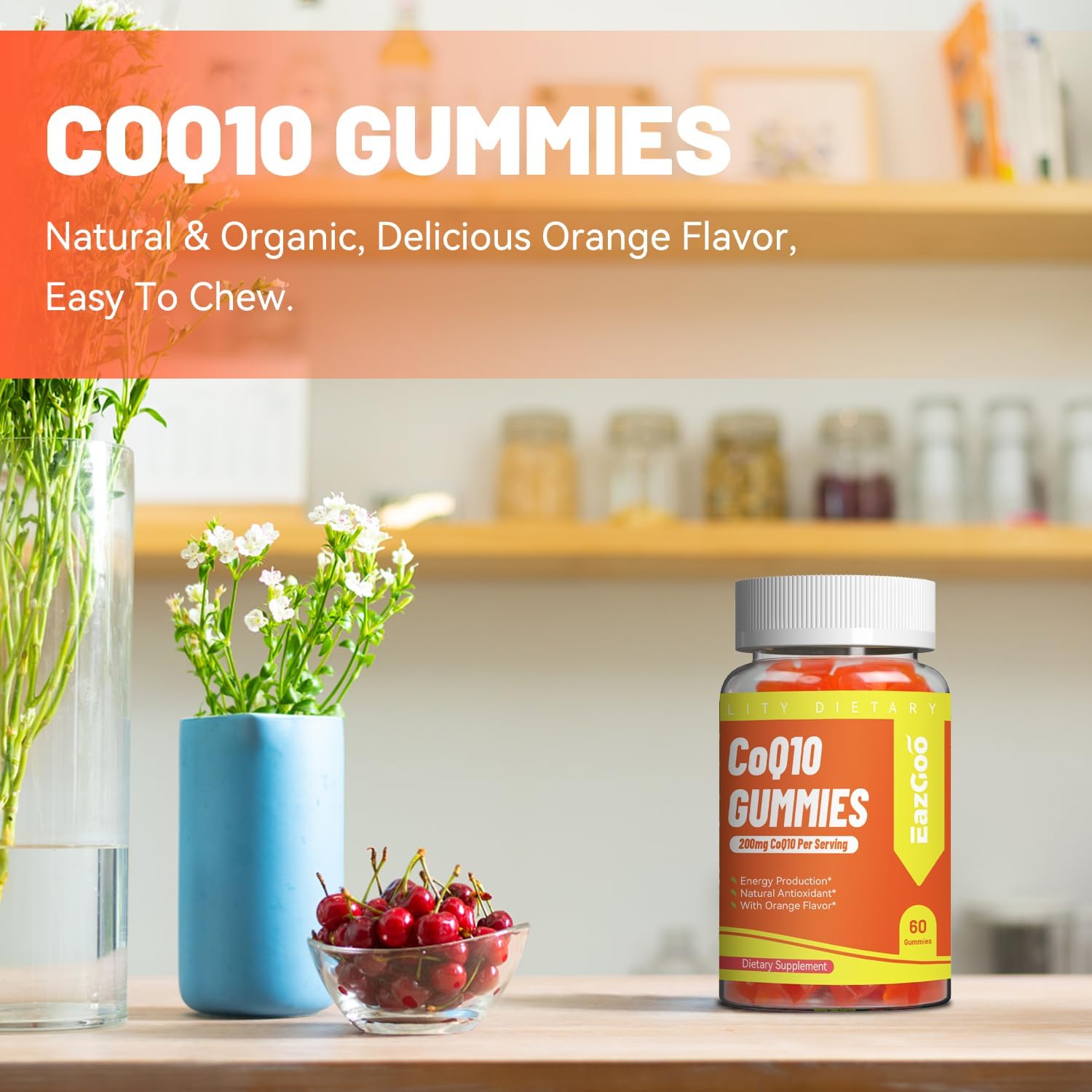 Gomitas CoQ10 de 200 mg, suplemento vegano para producción de energía, sin OMG, sin gluten (120 gomitas)