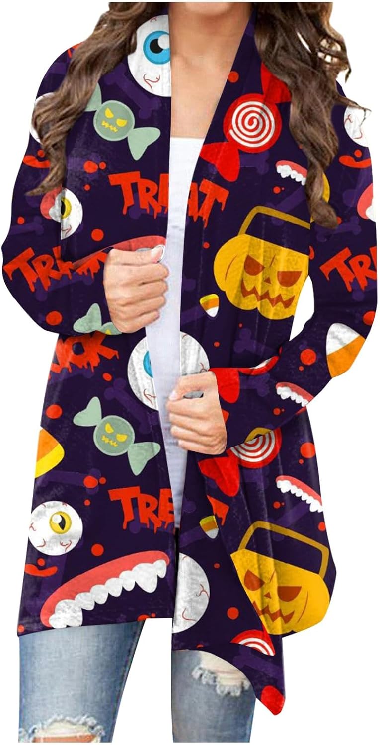 FQZWONG Cárdigan para mujer, a la moda, ligero, casual, de manga larga, parte delantera abierta, ropa de otoño, disfraces de Halloween
