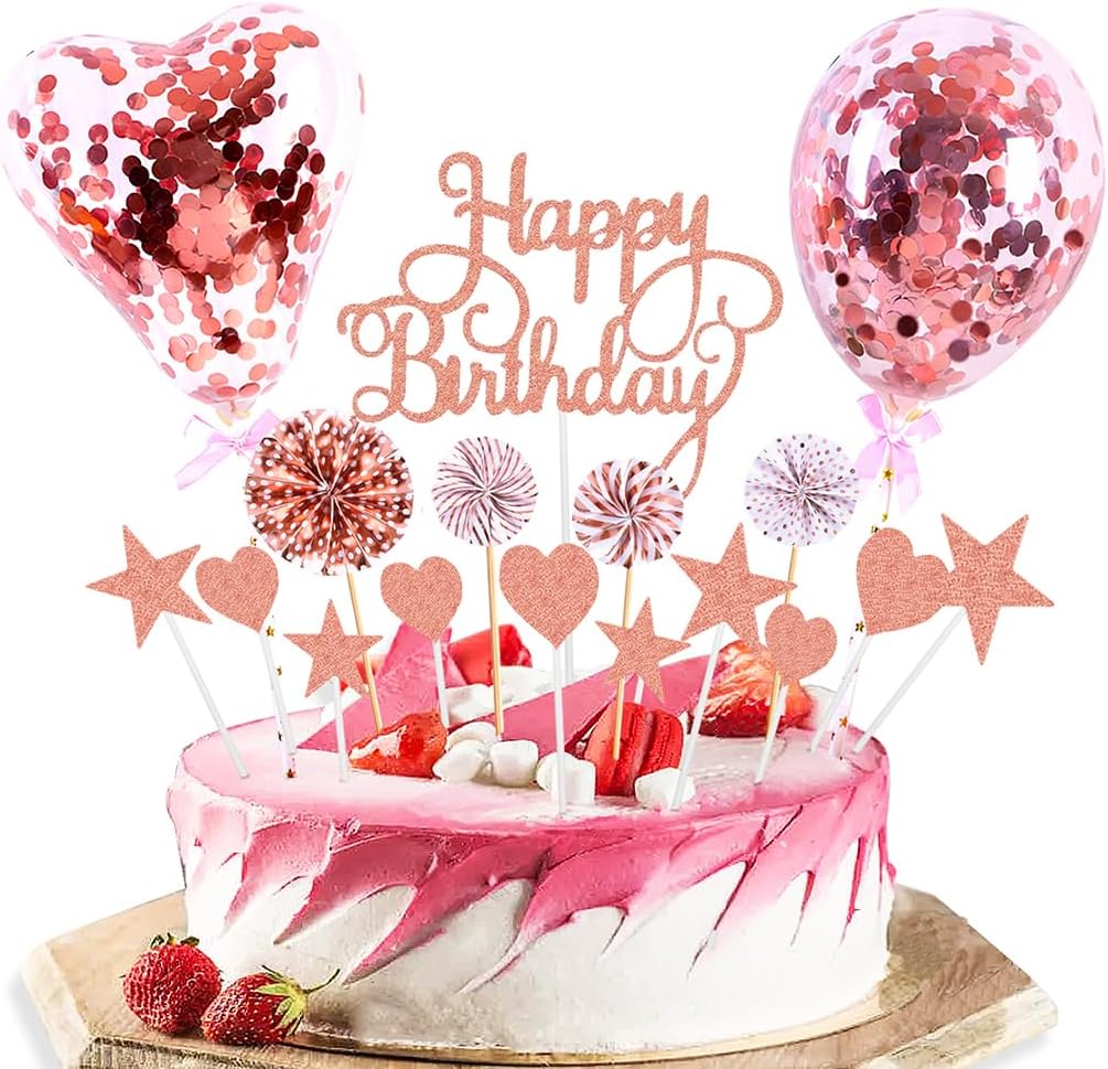Decoración de pastel de cumpleaños rosa con purpurina acrílica para decoración de pastel de cumpleaños 19 con globos de confeti, abanicos de papel,