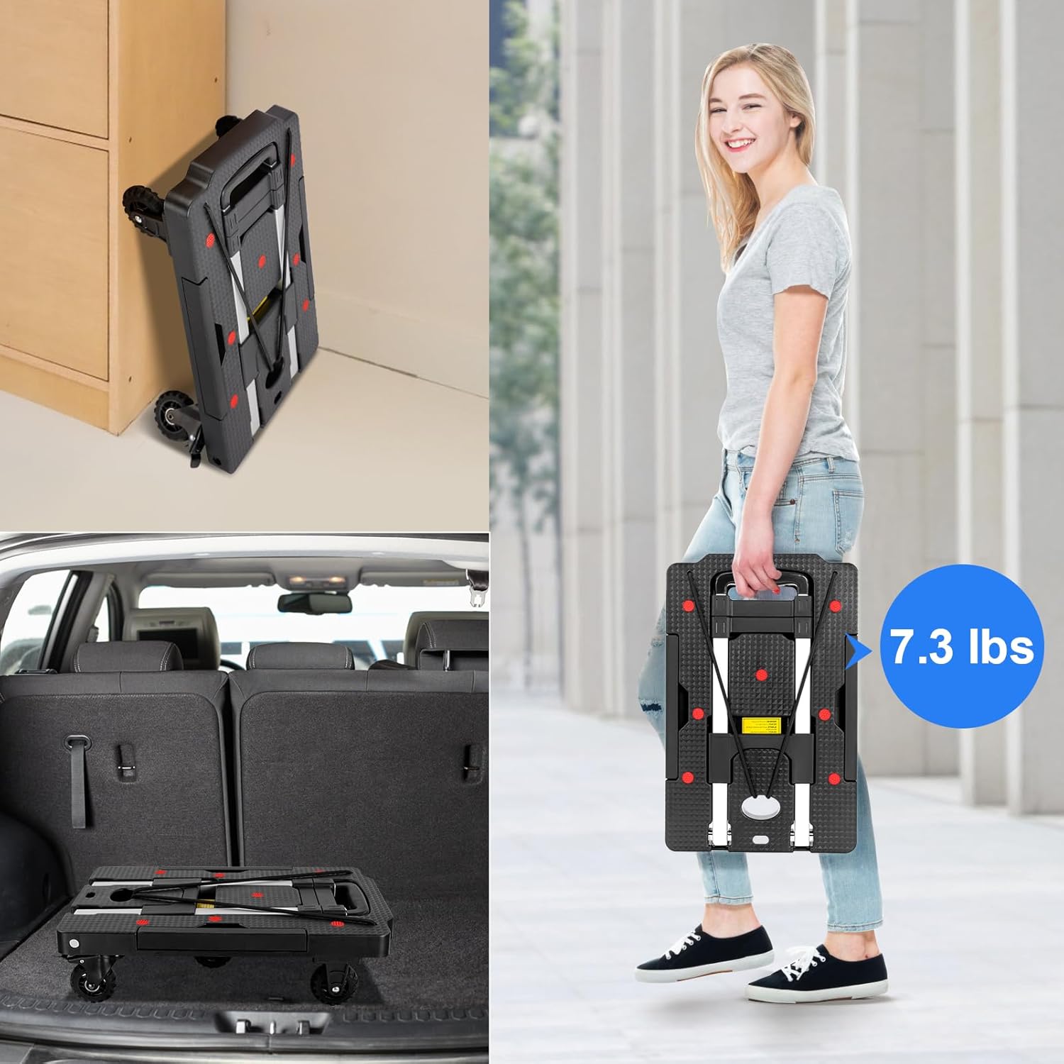Camión de mano plegable, 330 libras, carrito de mano plegable, carrito de mano resistente, carrito de equipaje de plataforma portátil con 5 ruedas y