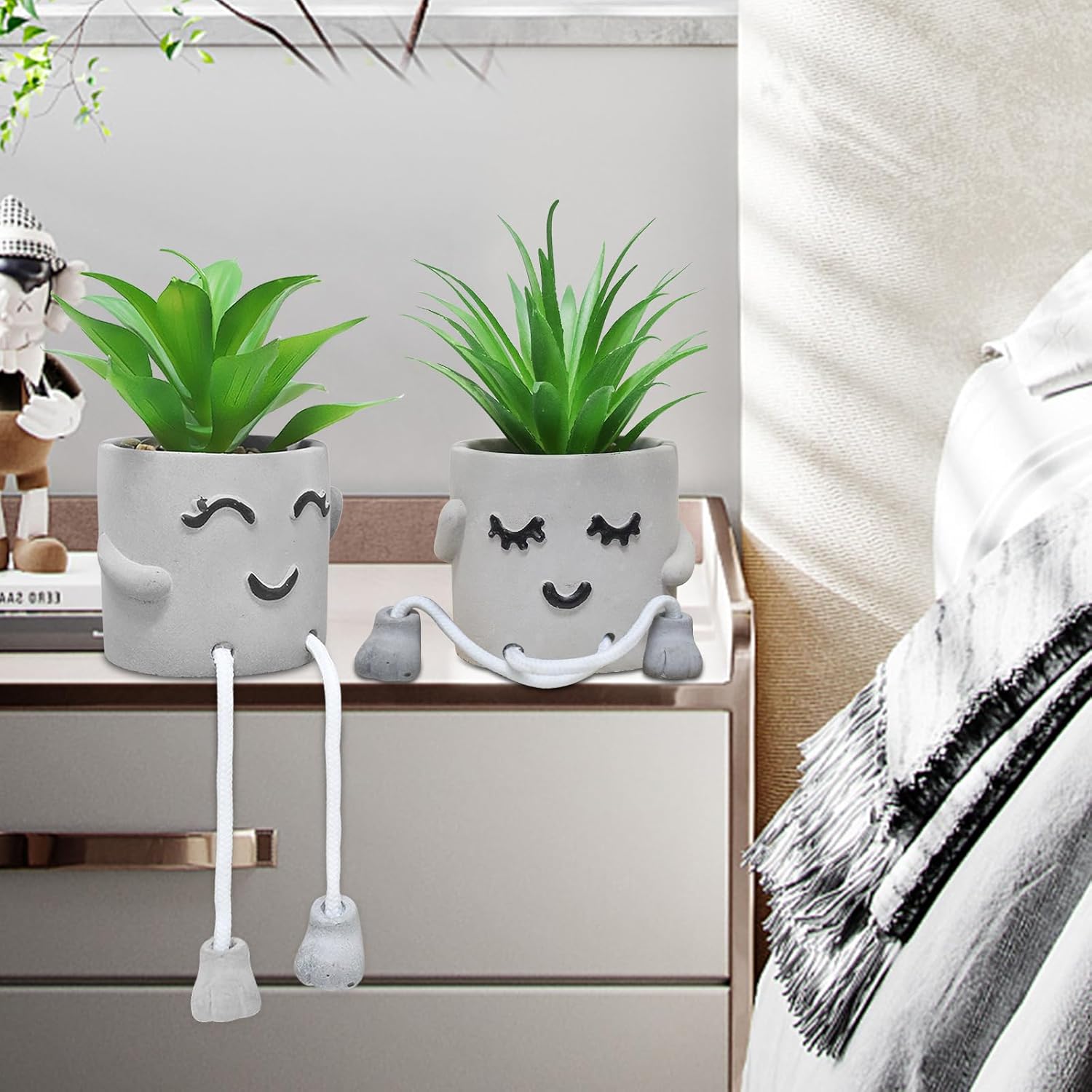 Zerzsy Suculentas falsas en macetas de cemento con pata colgante, mini plantas falsas en maceta para decoración de escritorio, decoración de estante