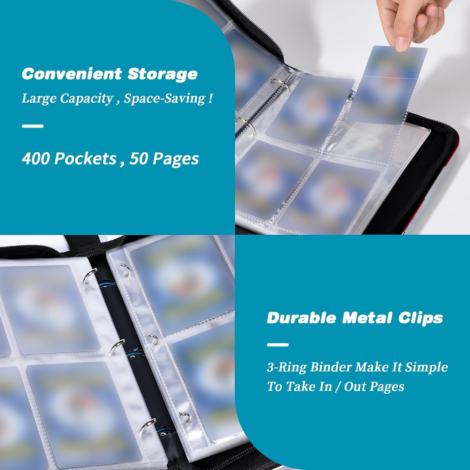 Carpeta de tarjetas para tarjetas TCG, 4 bolsillos portátil coleccionista de tarjetas con 50 fundas extraíbles, carpeta de tarjetas intercambiables,