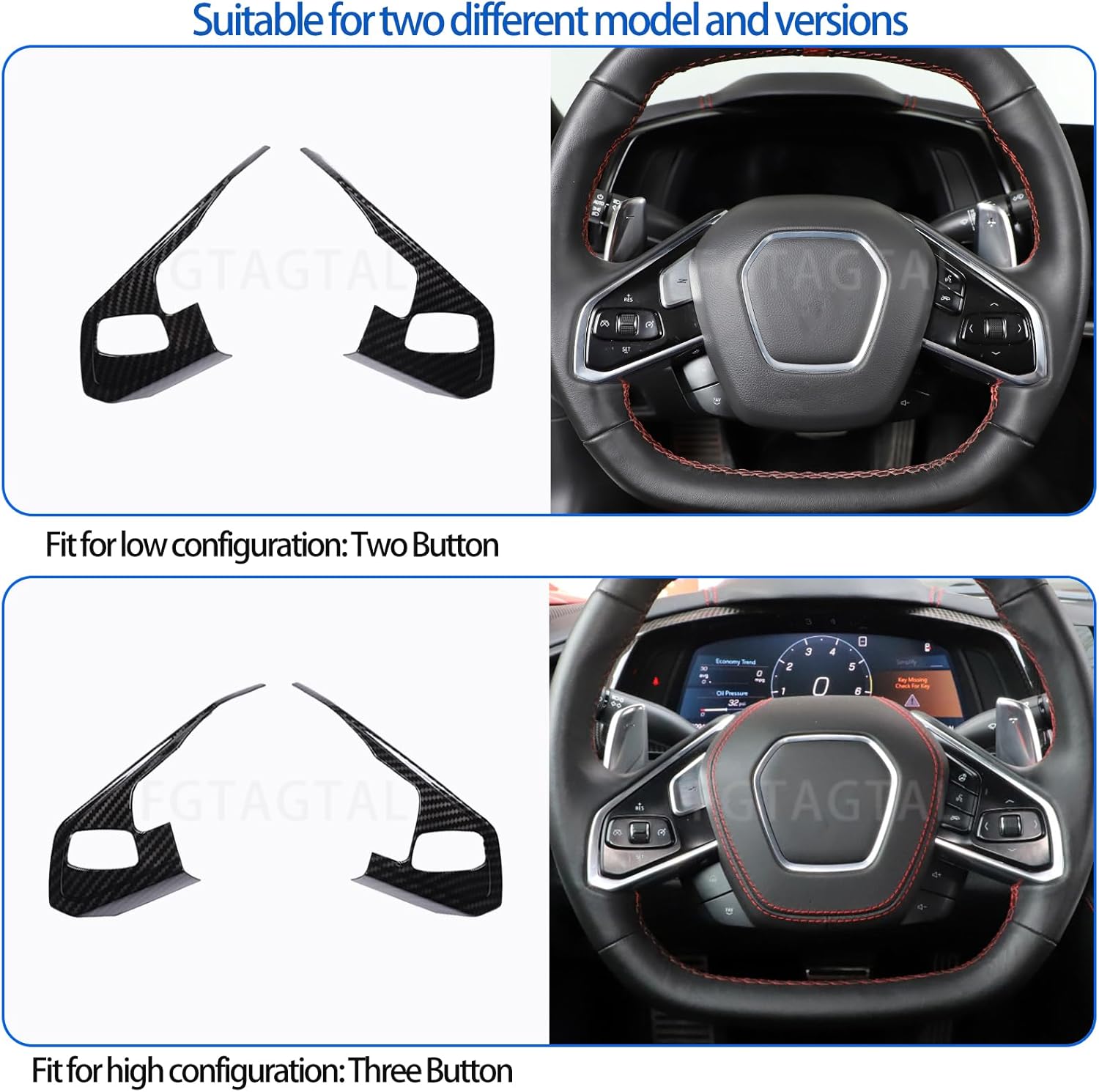 Cubierta de marco de botón de volante para Chevrolet Corvette C8 2020-2023, ABS panel de protección para volante de automóvil, 2 piezas (patrón de