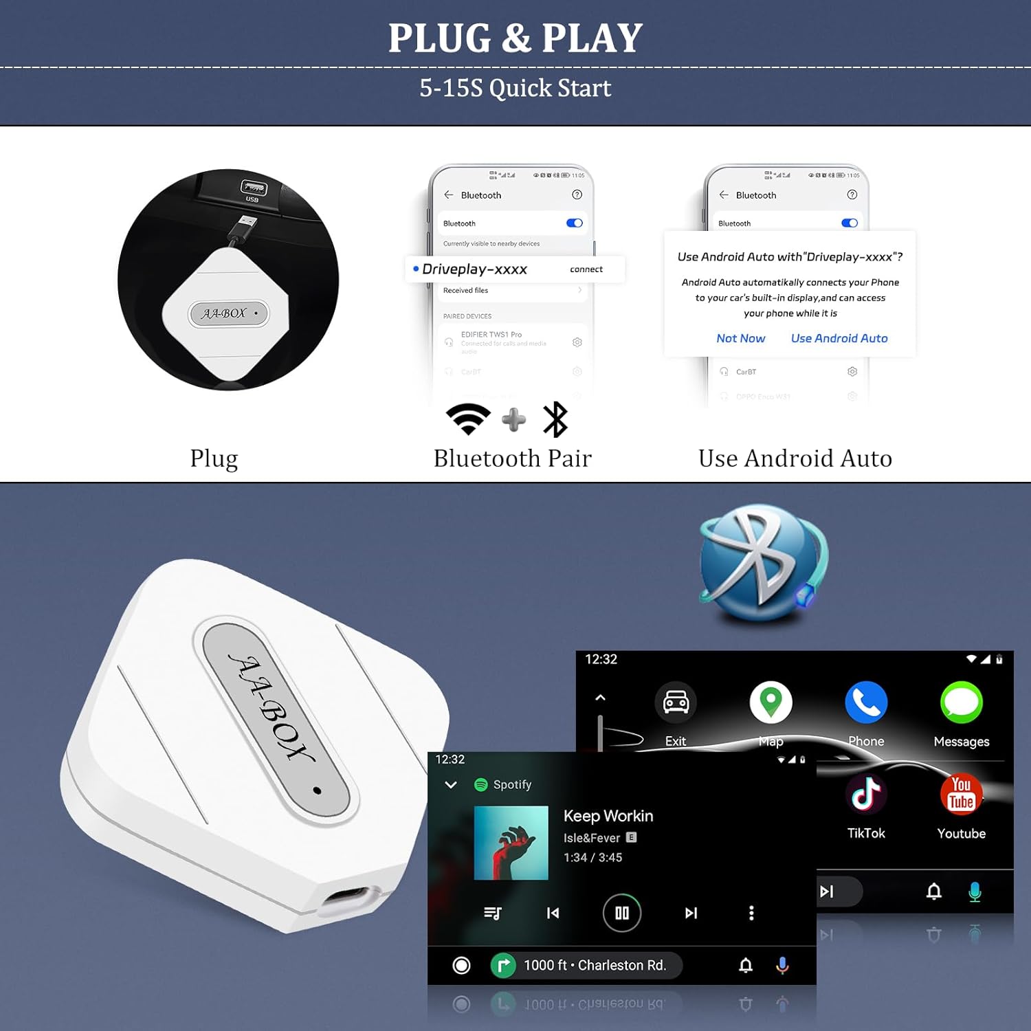 Adaptador automático inalámbrico para Android, dongle automático inalámbrico Android, teléfonos Android convierte Android Auto con cable a