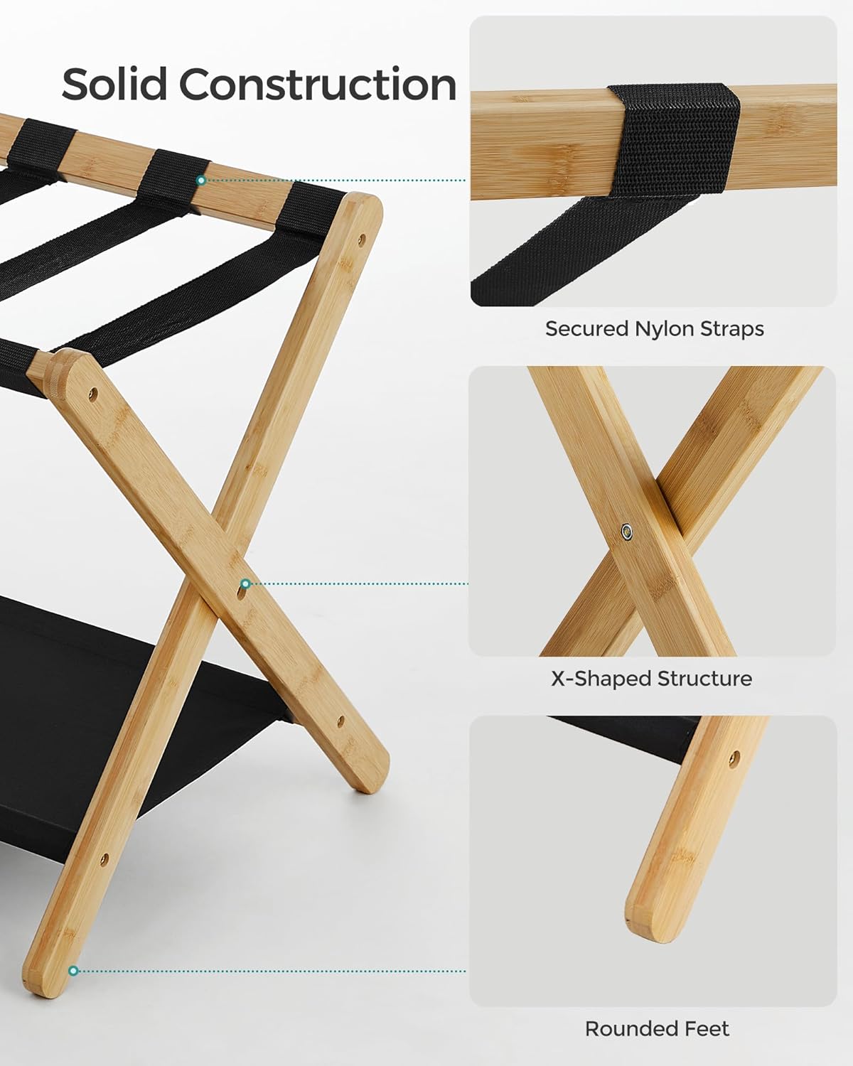 SONGMICS Portaequipajes, soporte plegable para maleta con estante de almacenamiento, para habitación de invitados, hotel, dormitorio, resistente,