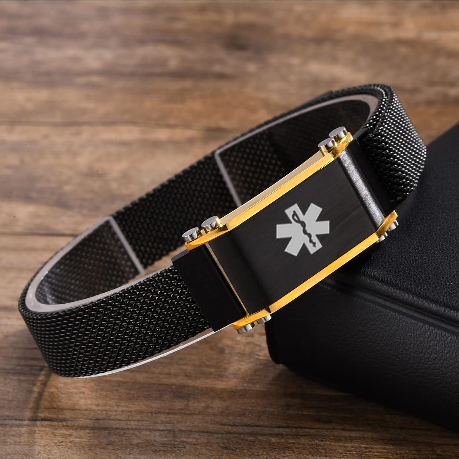 VNOX – Pulseras de identificación y alerta médica para hombres, mujeres y niños, con grabado, malla ajustable de acero inoxidable, para emergencias